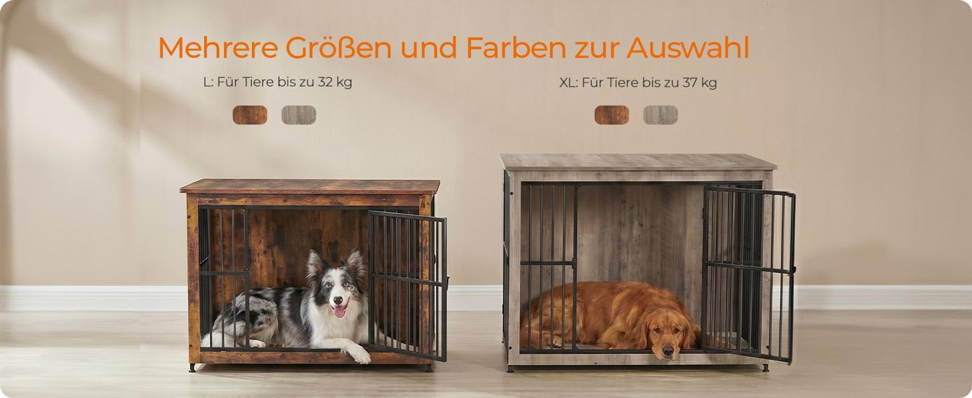 Feandrea Hundekäfig Möbel, Hundebox, moderne Hundehütte indoor für Hunde bis zu 32 kg, hochbelastbar, geschlossener Boden, 2 Türen, greige