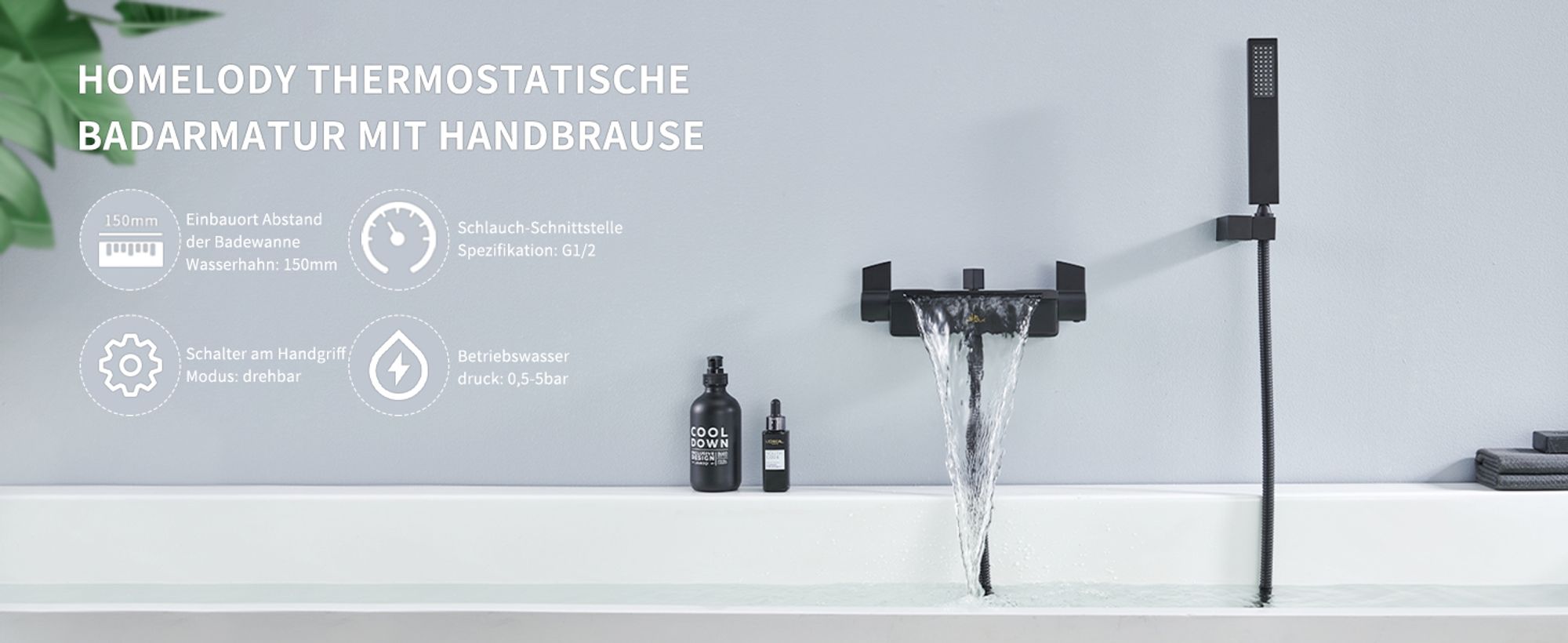 Homelody Wasserfall Badewannenarmatur mit Regal,Wannenarmatur mit Handbrause,Badewanne Armatur Duscharmatur für Bad, Schwarz matt,Komplett Duschset