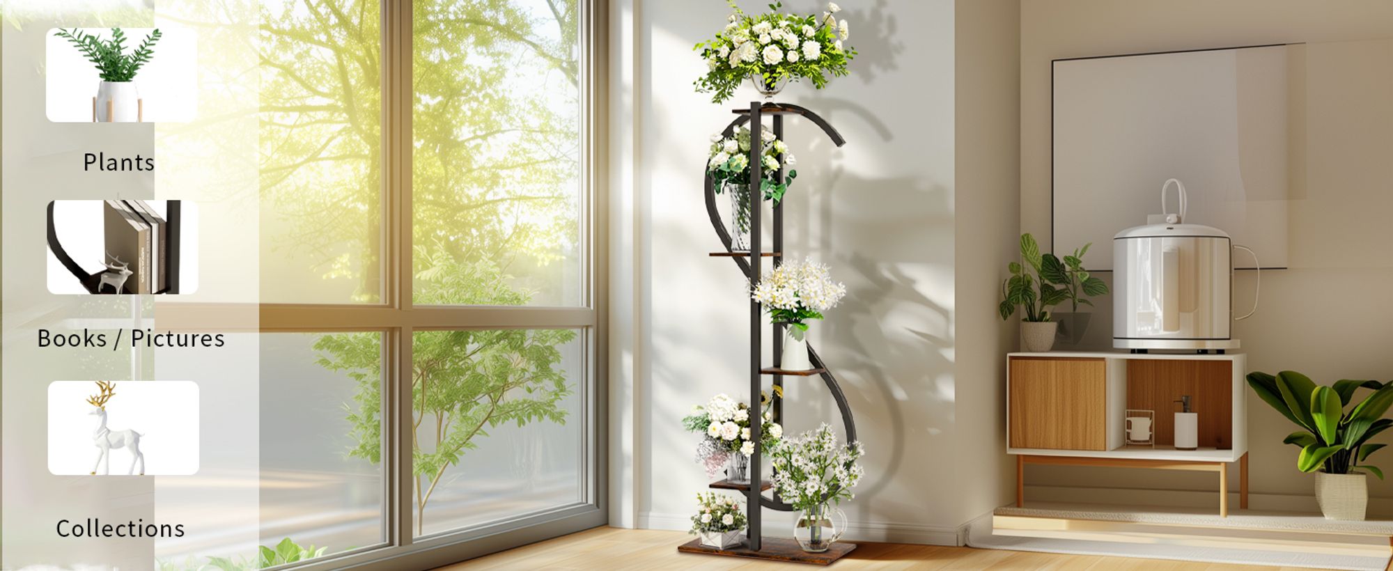 WISFOR Pflanzenständer, 5 Etagen Blumenregal Pflanzenregal, S-förmige Mehrstöckig Blumenständer Pflanzenständer, rustikales Braun, 55 x 26 x 153 cm