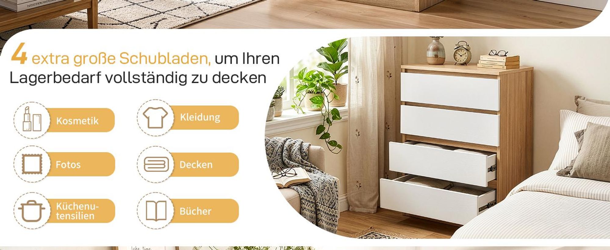 Kommode mit 4 Schubladen Sideboard Weiß und Eiche Anrichte holz
