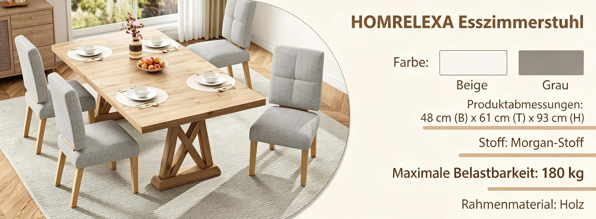 Stuhl Holz-Esszimmerstühle, 2er-Set Grau, Polsterstuhl, Extra dickes Sitzpolster für hohen Sitzkomfort
