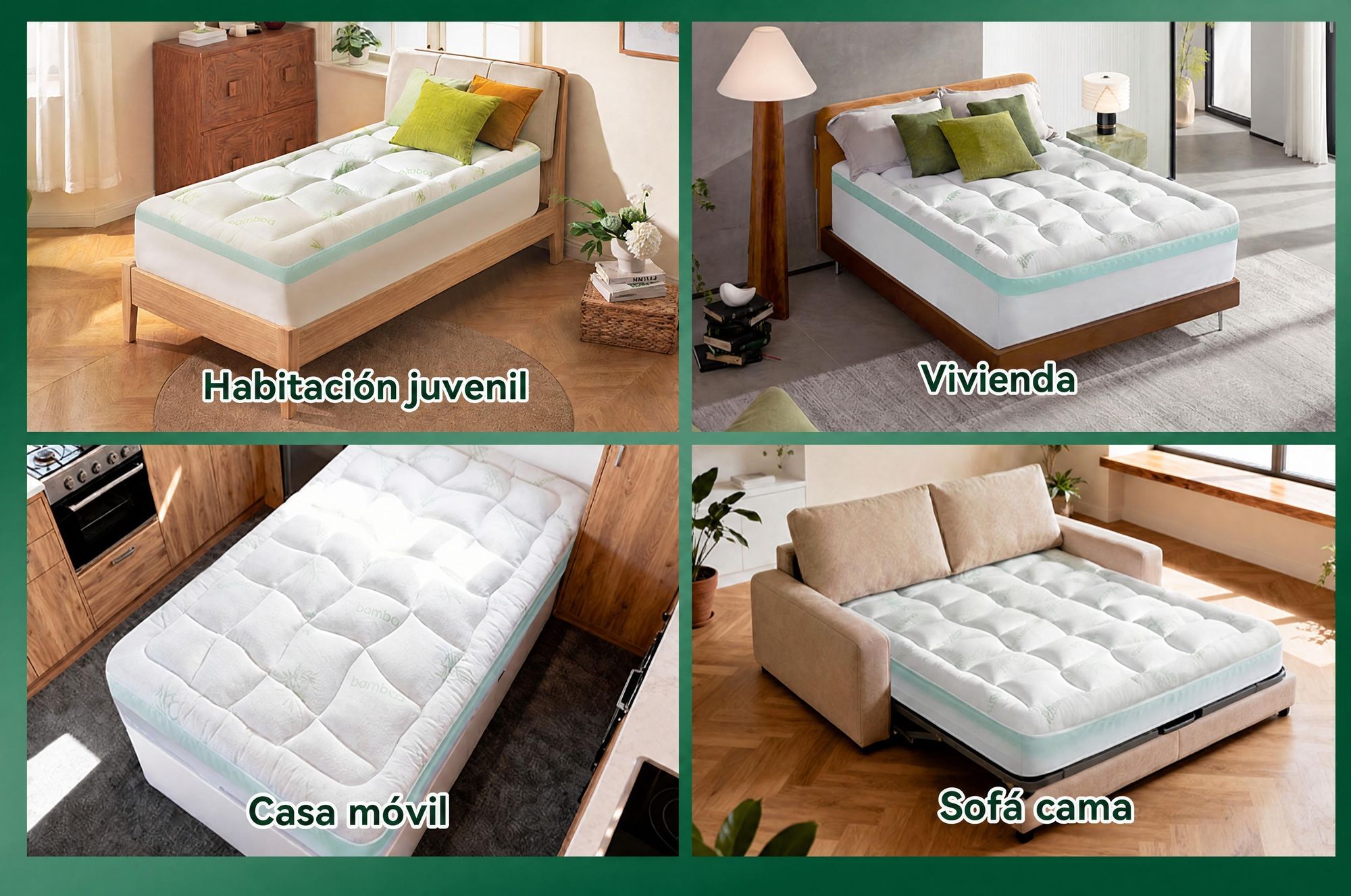 NicePlus, colchón de arriba de 2 en 1, 90x200x7 cm, espuma viscoelástica de 5 zonas + acolchado superior de bambú, con elásticos en las esquinas para adaptarse a todos los colchones, firmeza H2/H3, color verde