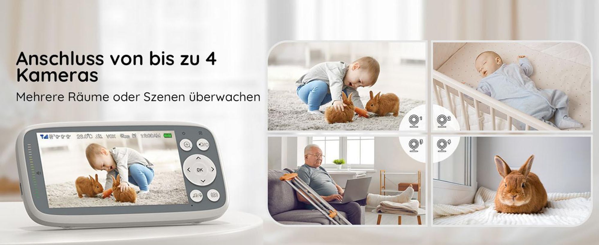 Babyphone mit Kamera VOX Nachtsicht Babyfon Temperaturüberwachung Gegensprechfunktion Video Überwachung mit 4 Zoll Digital IPS Bildschirm Wireless