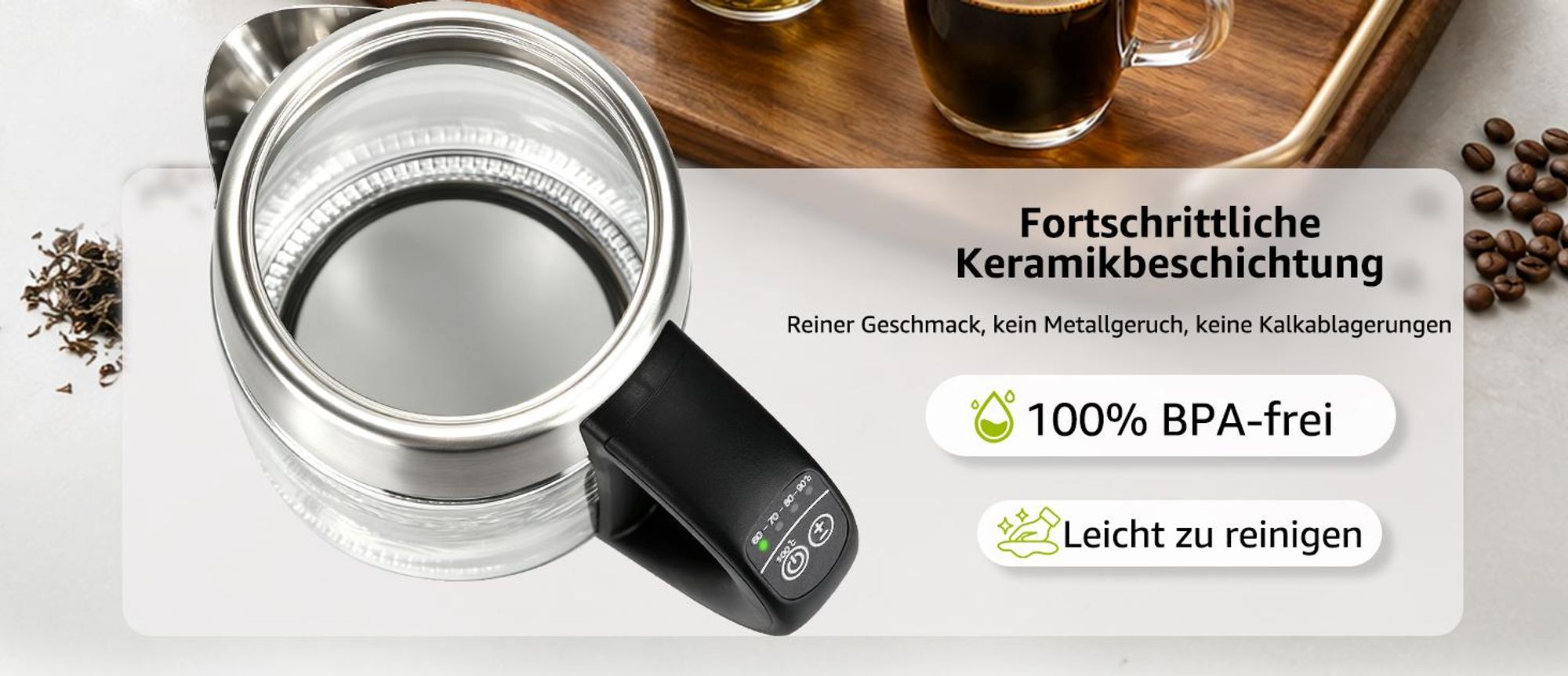 Aigostar Glas Wasserkocher 1,7 L mit Temperatureinstellung 60–100 °C, 2200 W, Farbwechsel-LED, 120 Min. Warmhaltefunktion, Edelstahl & Borosilikatglas