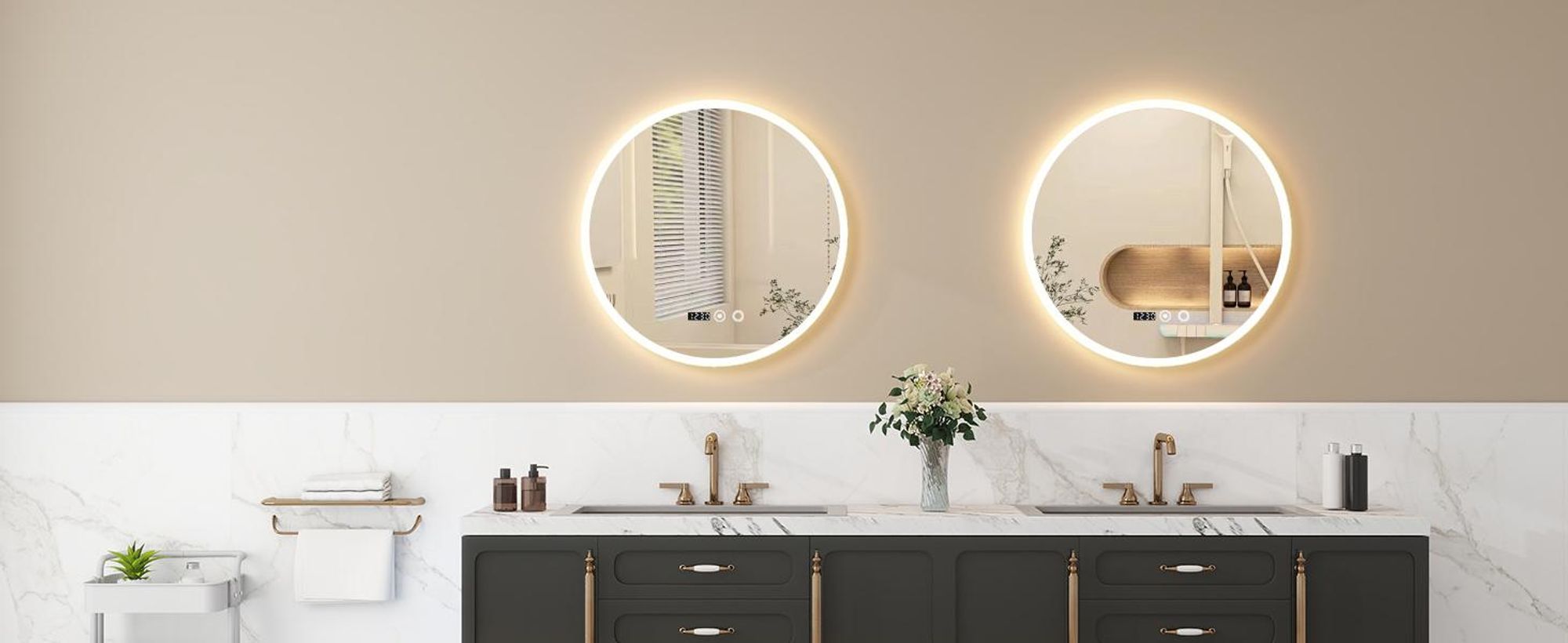 Puluomis Badspiegel beschlagfrei 70cm mit Uhr Temperatur, 3 Farbe dimmbare Helligkeit LED Beleuchtung,Badezimmerspiegel 6500k spritzwassergeschützt