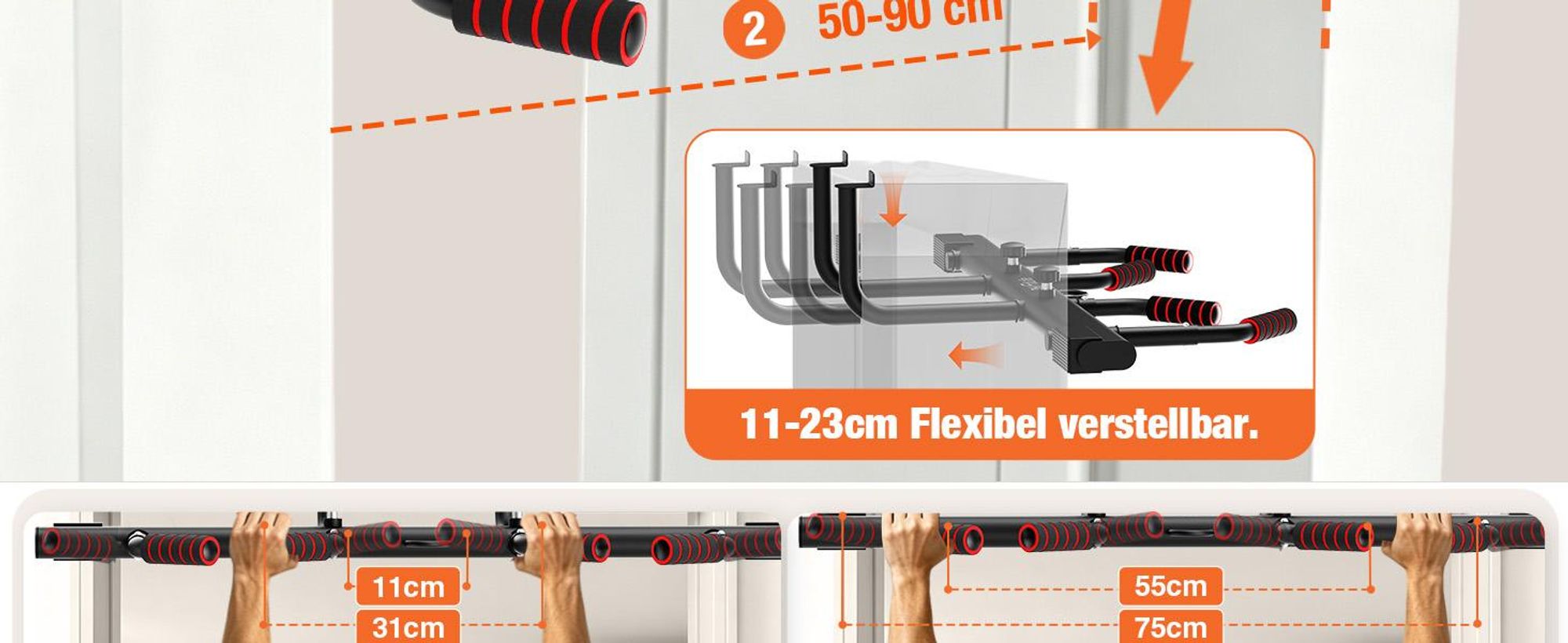 DH FitLife Klimmzugstange für Türrahmen verstellbar bis 200 kg 50–90 cm