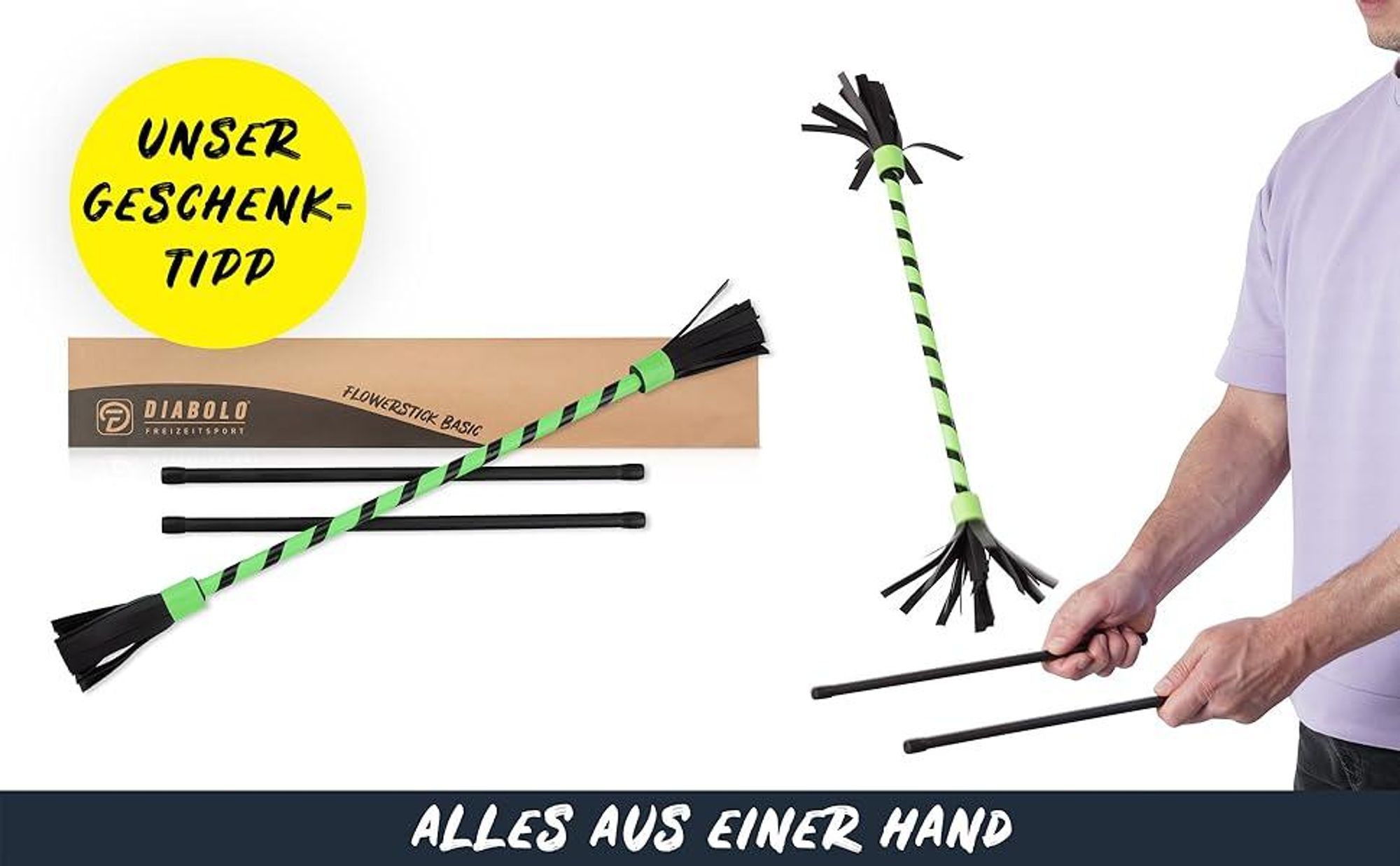 Diabolo Leisure Sport Flowerstick – Flowerstick Basic UV grun mit Fiberglas Handstöcken | Robuster Flowerstick für Anfänger und Fortgeschrittene