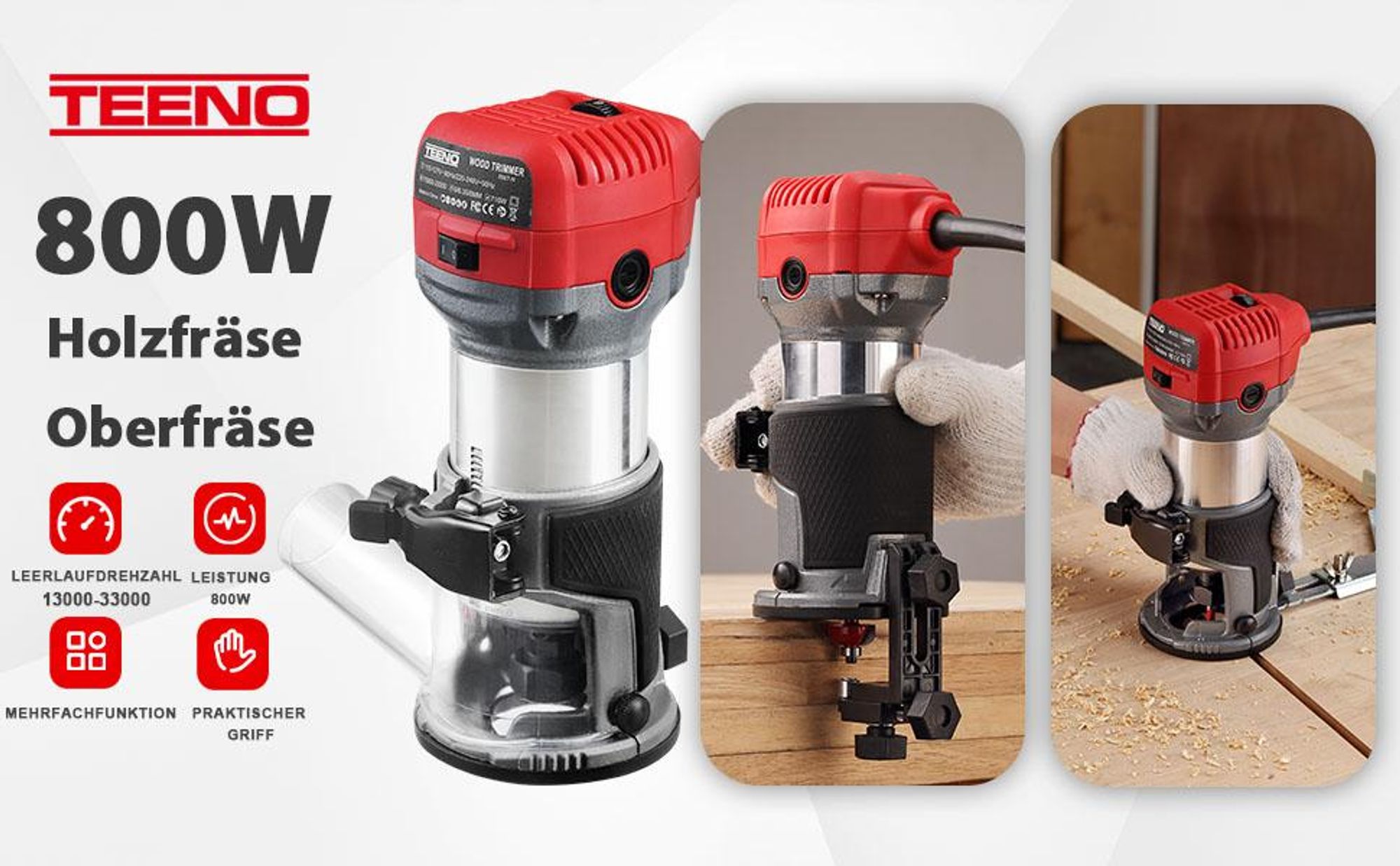 TEENO Oberfräse 800W 13000–33000 U/min mit Plastikbox, Elektrik Hand Holz Oberfräse Kantenfräse Mit 15 Stück 1/4" Fräsen Cuter,6 Geschwindigkeitsstufe