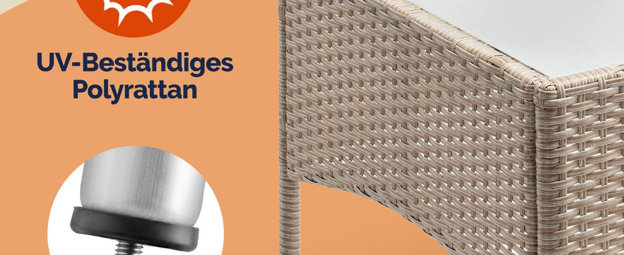 CASARIA® Polyrattan Beistelltisch 58x 58x 42 cm Höhenverstellbare Füße 5mm Sicherheitsglas Wetterfest Gartentisch Balkontisch Kaffeetisch Outdoor Creme