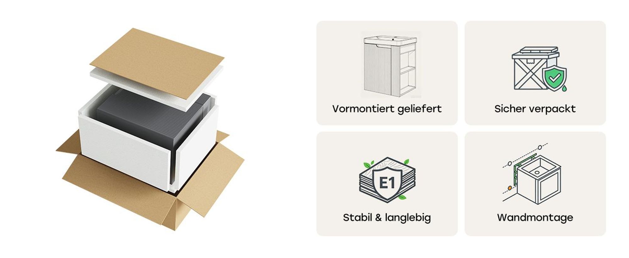 HOROW 51 cm Waschtisch inkl. Waschbecken, Waschbecken mit Unterschrank, 2-teilig Badmöbel Set, Grau Badmöbel mit Waschbecken, Vormontiert geliefert