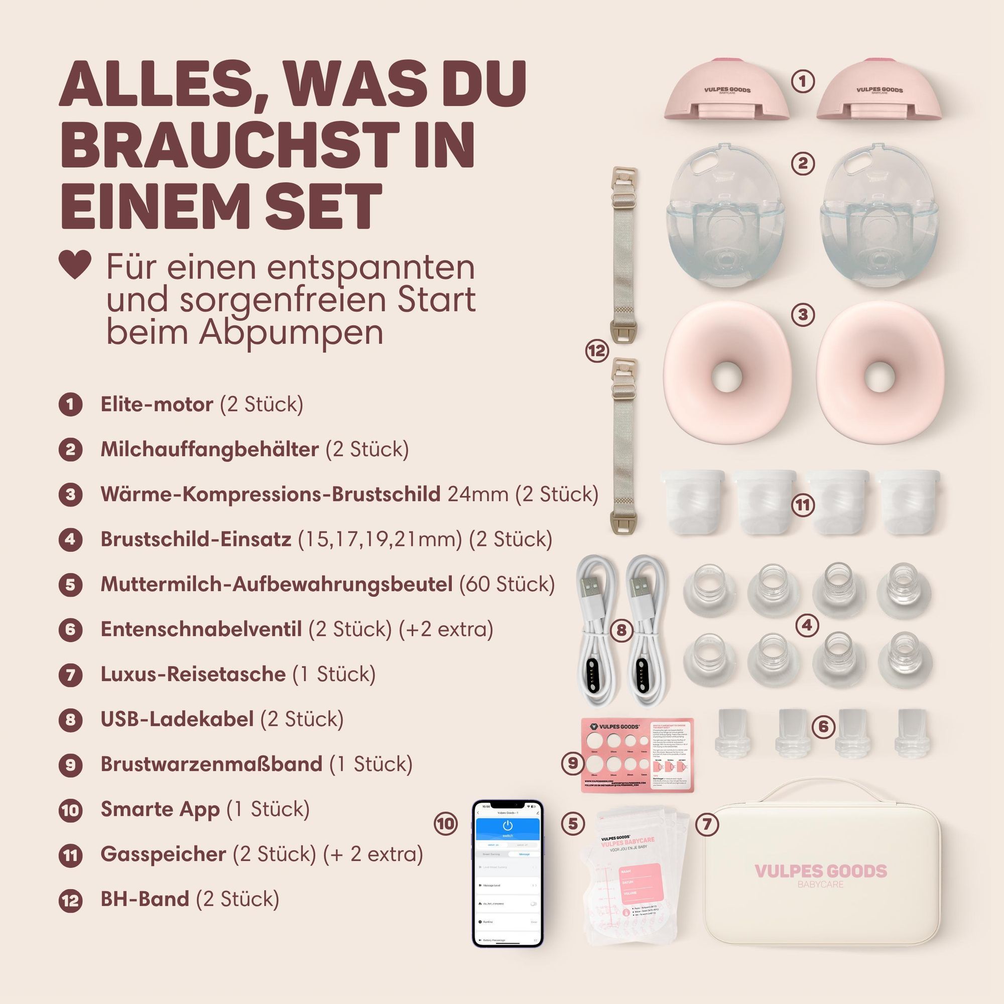 Vulpes Goods Milchpumpe, Intelligente-app, Hygienisch, Kabellos, Heizkörper, Aufbewahrungstasche, Inklusive Muttermilch-Aufbewahrungsbeutel