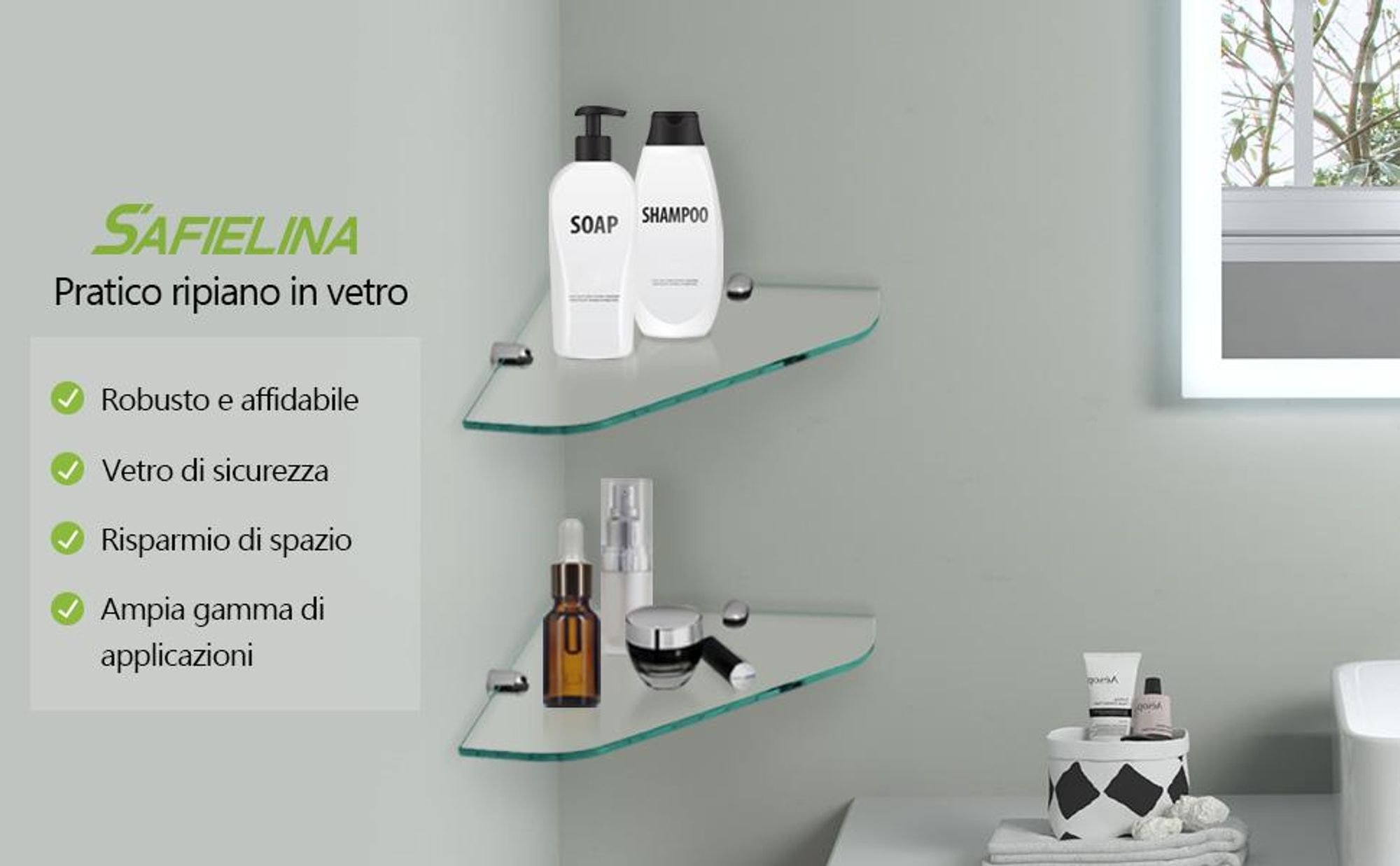S'AFIELINA ripiano in vetro ripiano doccia ripiano angolare in vetro 6 mm temperato ripiano in vetro doccia ripiano in vetro per bagno ripiano doccia 230 x 230 mm, 1 pezzo