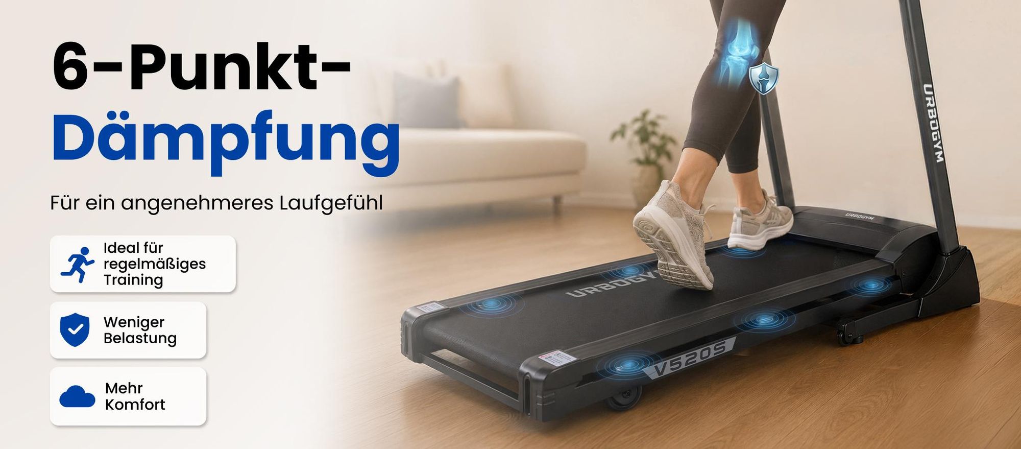 URBOGYM V520S Elektrisches Laufband, 15 km/h, 15-stufige Auto-Steigung, 12 Programme, klappbar, Bluetooth, bis 130 kg