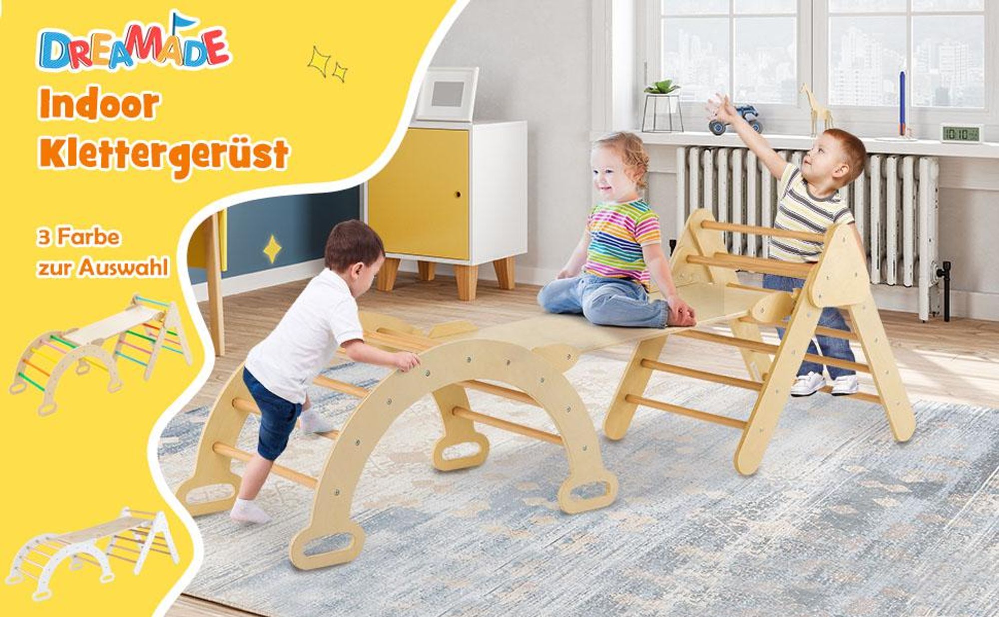 DREAMADE Klettergerüst mit Kletterbogen und Rutsche,Montessori Indoor Kletterdreieck ab 1 Jahre(Natur)