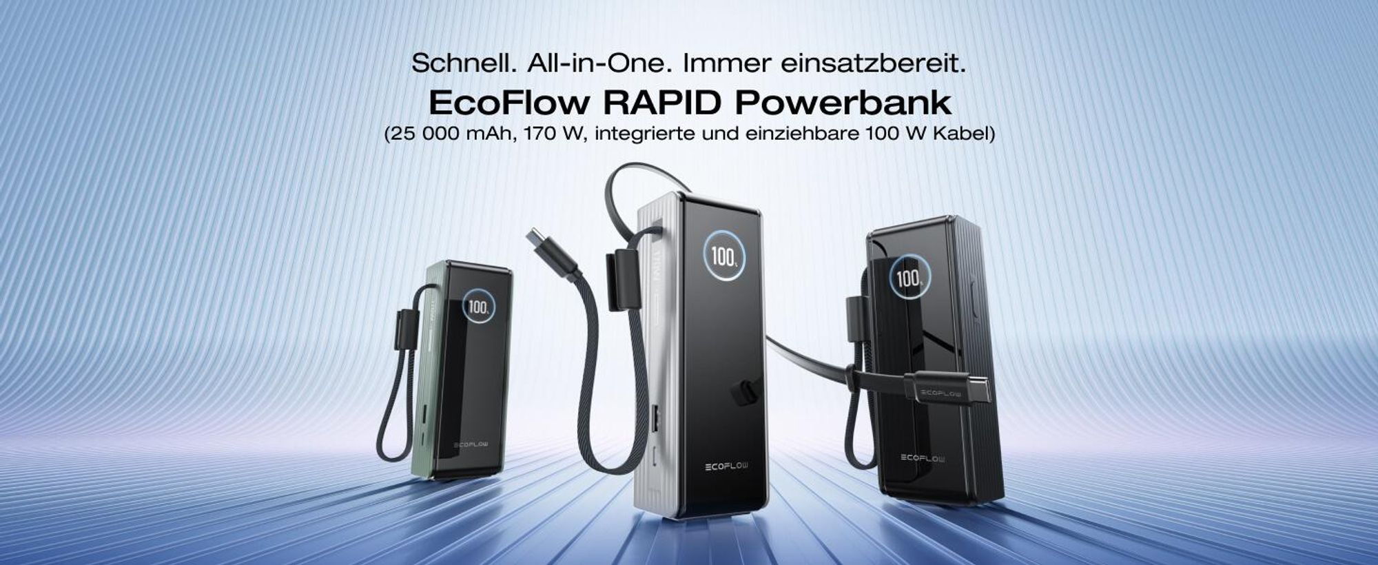 EcoFlow Rapid Powerbank 25 000 mAh 170 W mit 100 W integrierte und einziehbare Kabel, tragbares Ladegerät mit 100 W USB-C Anschluss