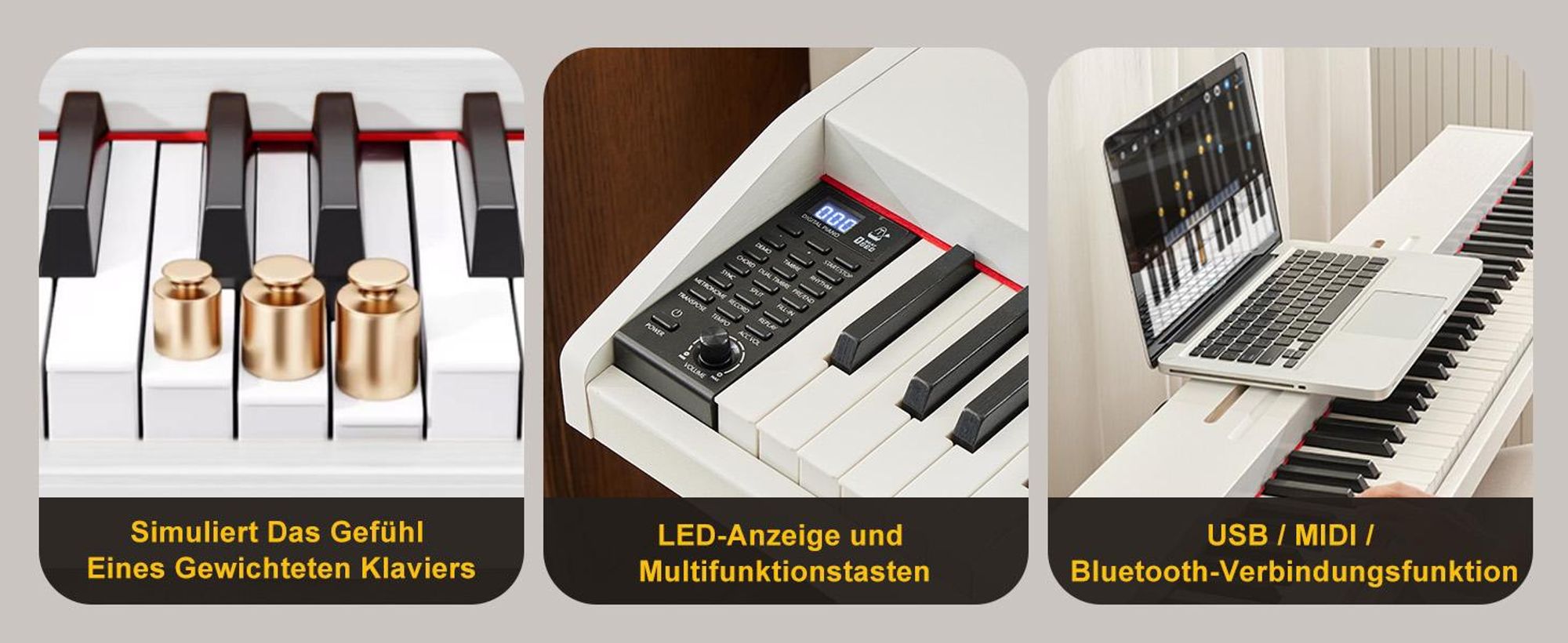 MUSTAR Digitalpiano 88 gewichtet Tasten mit 3 Pedalen für Anfänger, Kopfhöreranschluss, Split/Dual Voice, USB/MIDI,Weiß