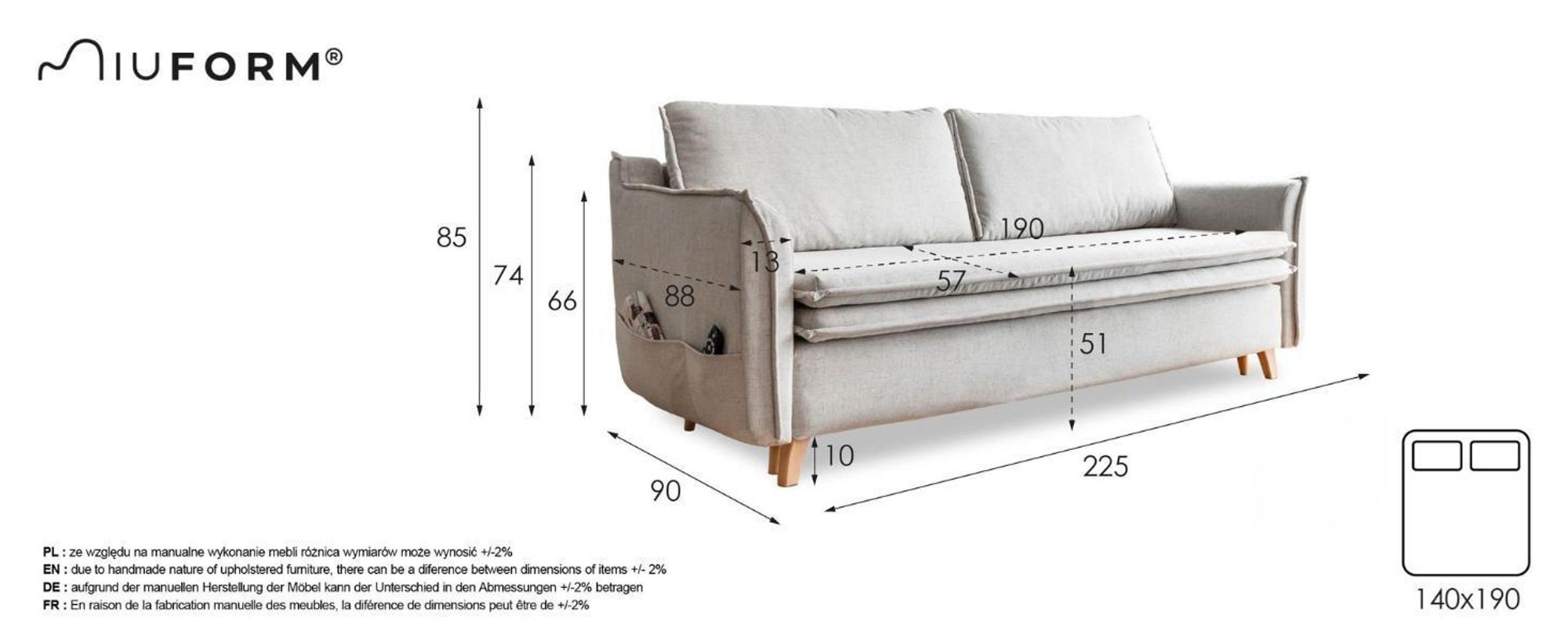 MIUFORM Charming Charlie Slim - Sofa mit Bettfunktion und Bettkasten - 225x90cm - Beige - 3-Sitzer Schlafsofa