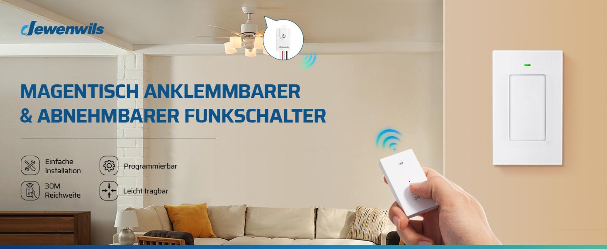 DEWENWILS Funkschalter 2er Set, Wandschalter, Funk Wandsender Licht 3000W, weiß