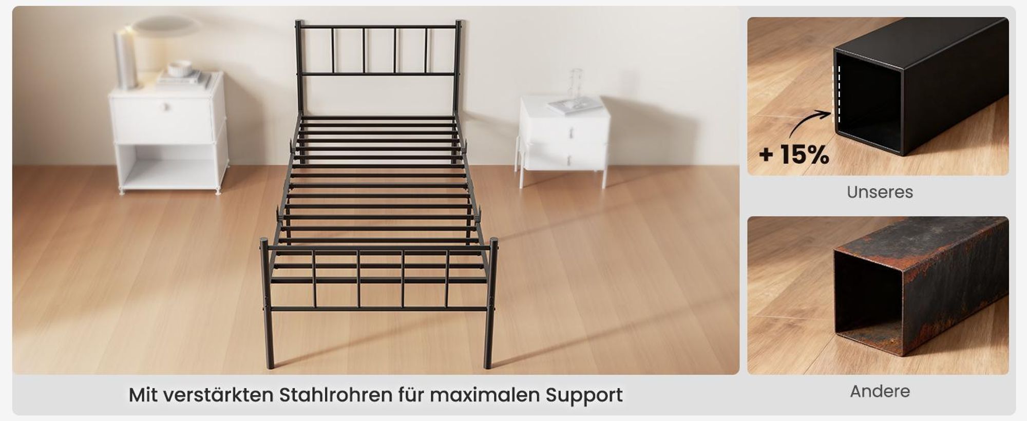 KUTAS Klassische Betten 140x200, Metallbett Schwarz mit Kopfteil, 32 cm Stauraum, leises Bettgestell für Schlafzimmer