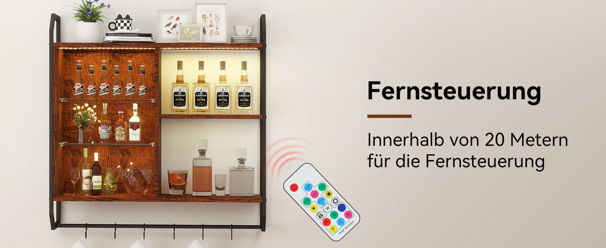 Puluomis Verstellbare Wandregal mit 6 Ablagen, 83x20x80cm, Holz Metall Hängeregal, RGB-LED-Lichter, Glas-Schweberegal, mit Hängestange Braun Schwarz