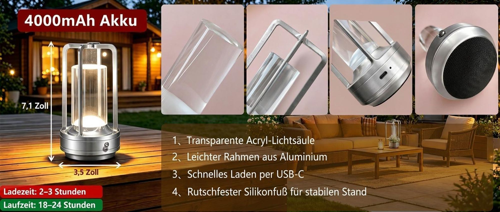 LED Camping Laterne Campinglampe Lampe Wasserdicht Zeltlampe Tragbare Handlampe Wiederaufladbar Notfall Licht Leuchte Notlader Wandern Retoo,Silber