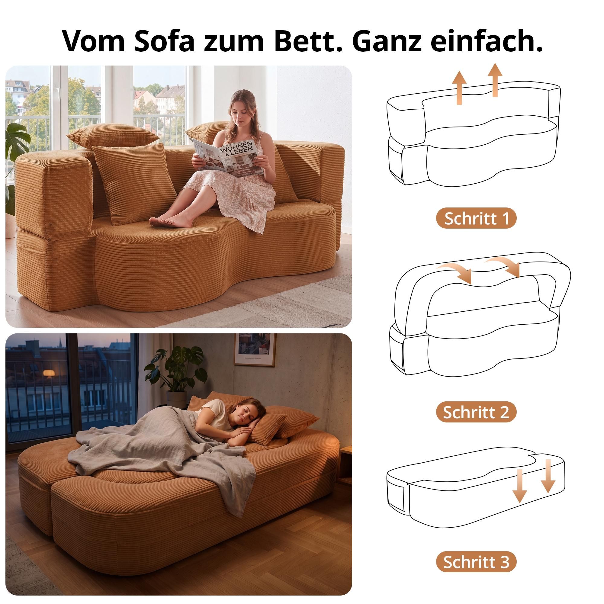 2-in-1 Cord Schlafsofa, modulares Bodensofa mit Kissen, 196 x 109 cm