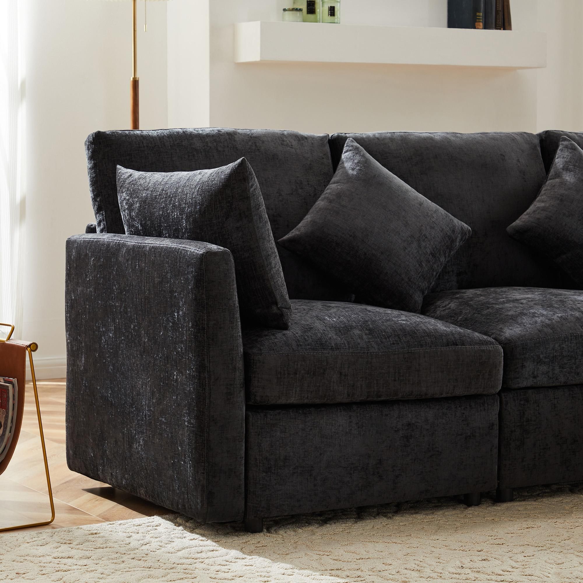 Merax Ecksofa, L-Form Sofa mit Schlaffunktion, 3-4 Sitzer Couch Soffa mit 4 Kissen, Wohnzimmersofa, Couchgarnitur, Chenille Stoff, Grau