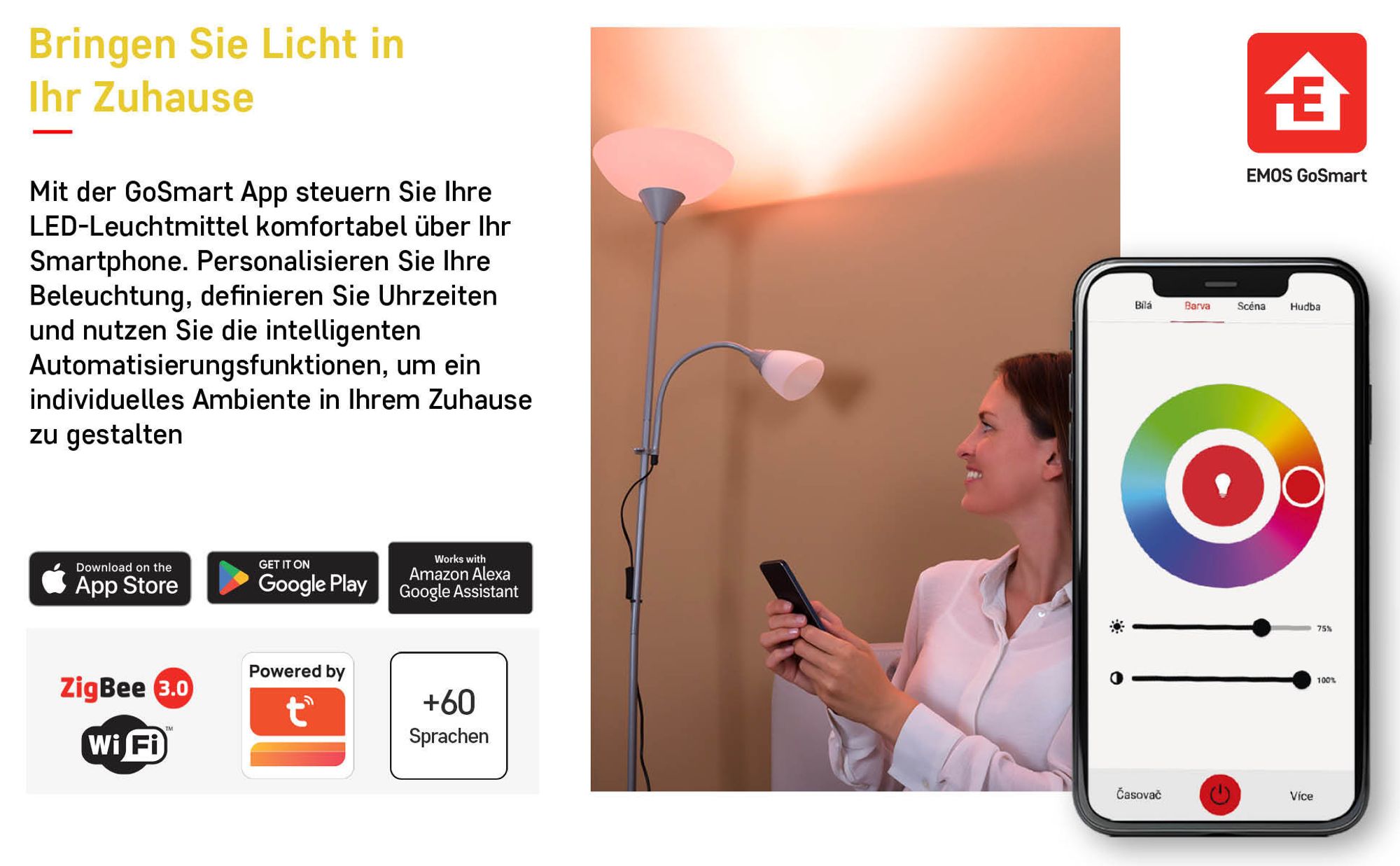 EMOS GoSmart LED-Reflektorlampe, MR16 ZigBee 4,8W Ersatz für 35W, Helligkeit 400 lm, RGB, kompatibel mit Tuya/EMOS-App, Sprach-Assistant, GU10 Sockel
