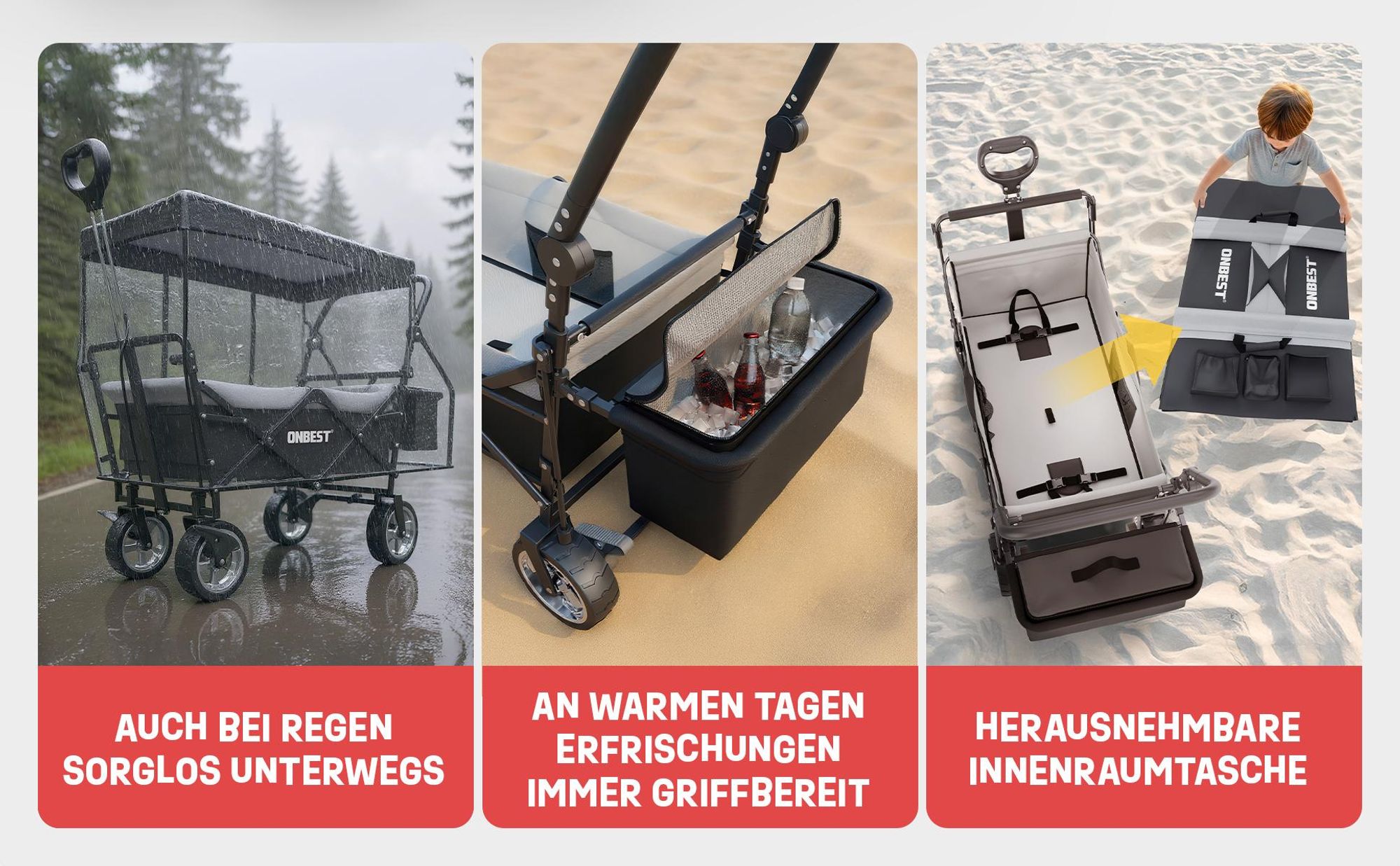 ONBEST Bollerwagen | faltbar | mit Dach | mit Regenschutz | 100 kg | Kühltasche | Wetterfest | UV30+