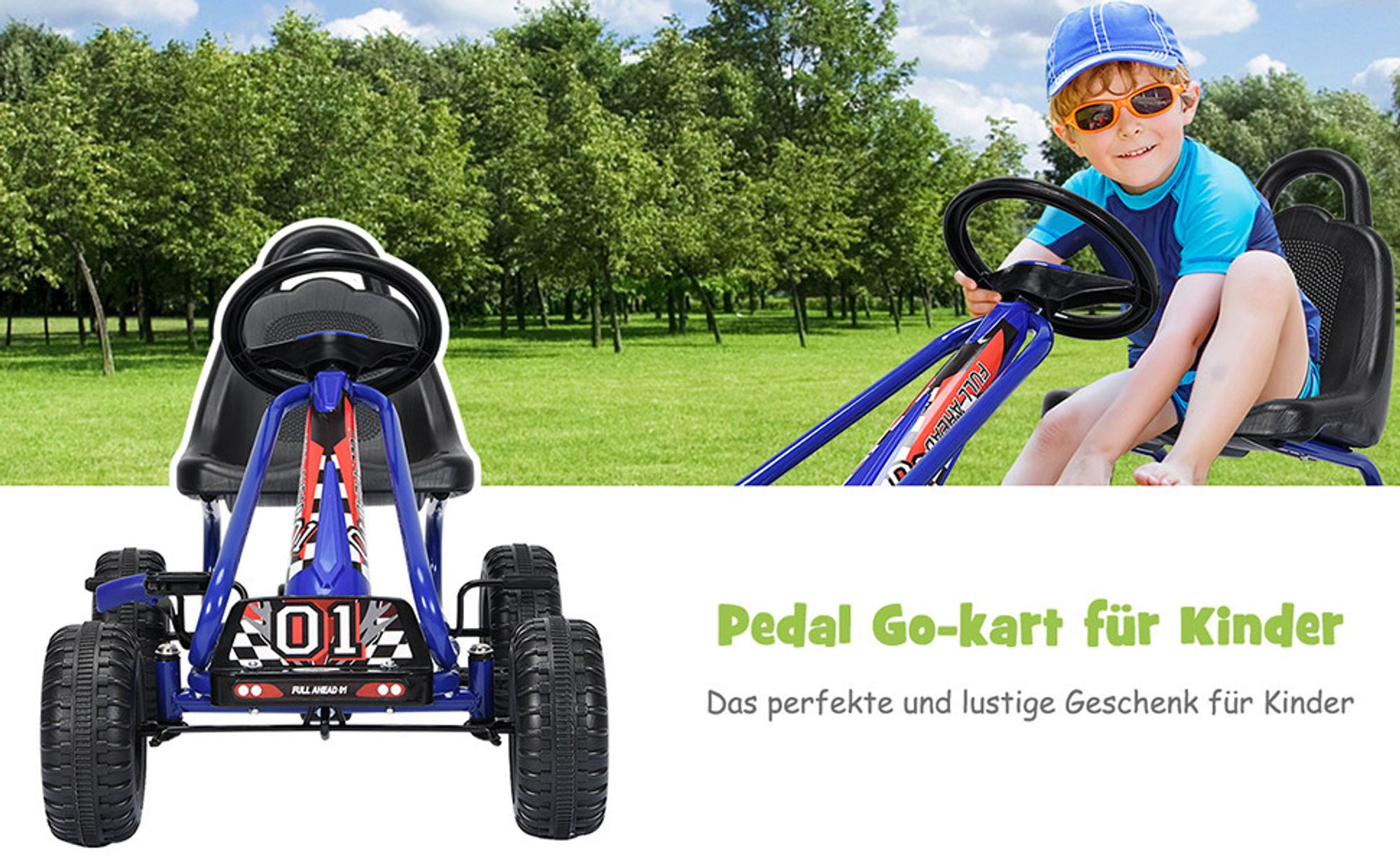 Kinder Gokart mit Handbremse & verstellbarem Sitz, Tretauto Tretfahrzeug mit geschlossenem Kettenkasten & Vor- und Rückwärtsgang,  für Kinder 3-6 Jahren, bis 30 kg belastbar (Grün)