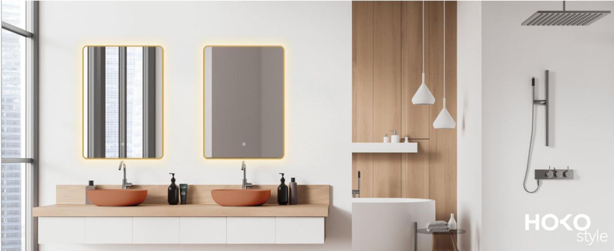 HOKO Badspiegel 70x100cm mit Rahmen+Touch Schalter+Licht Wechsel Warmweiß-Kaltweiß-Neutral. Licht mit Touch Schalter und mit Wandschalter einschaltbar