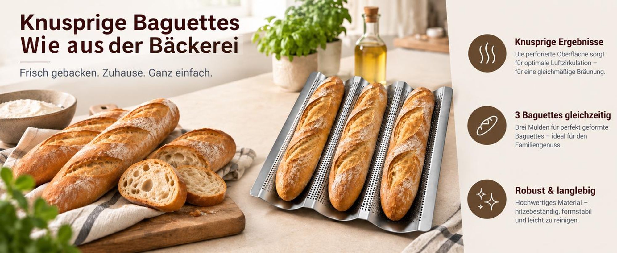 Baguette Backform 3er Baguette-Backblech zuverlässig knuspriges Baguette - Ideal als Baguetteblech, Brotbackform