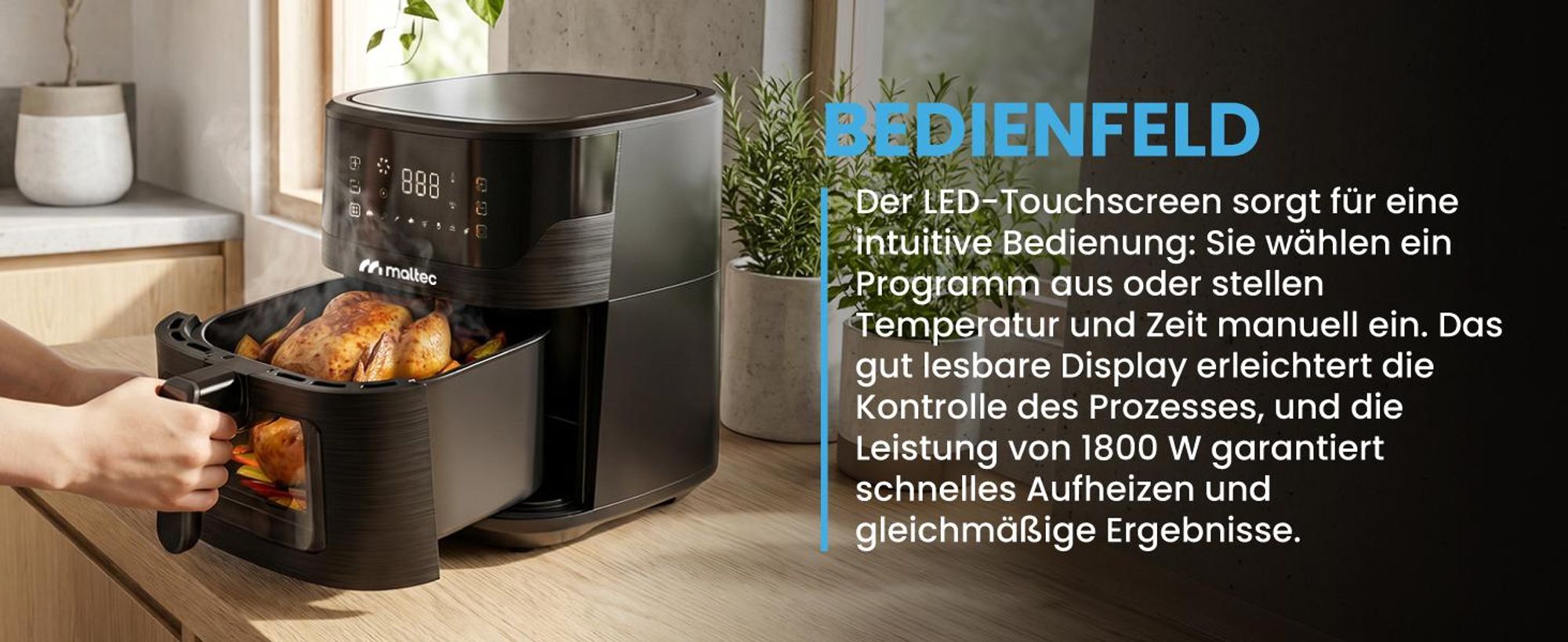 Heißluftfritteuse mit 7 Litern Fassungsvermögen, Sichtfenster und 8 Programmen in Schwarz