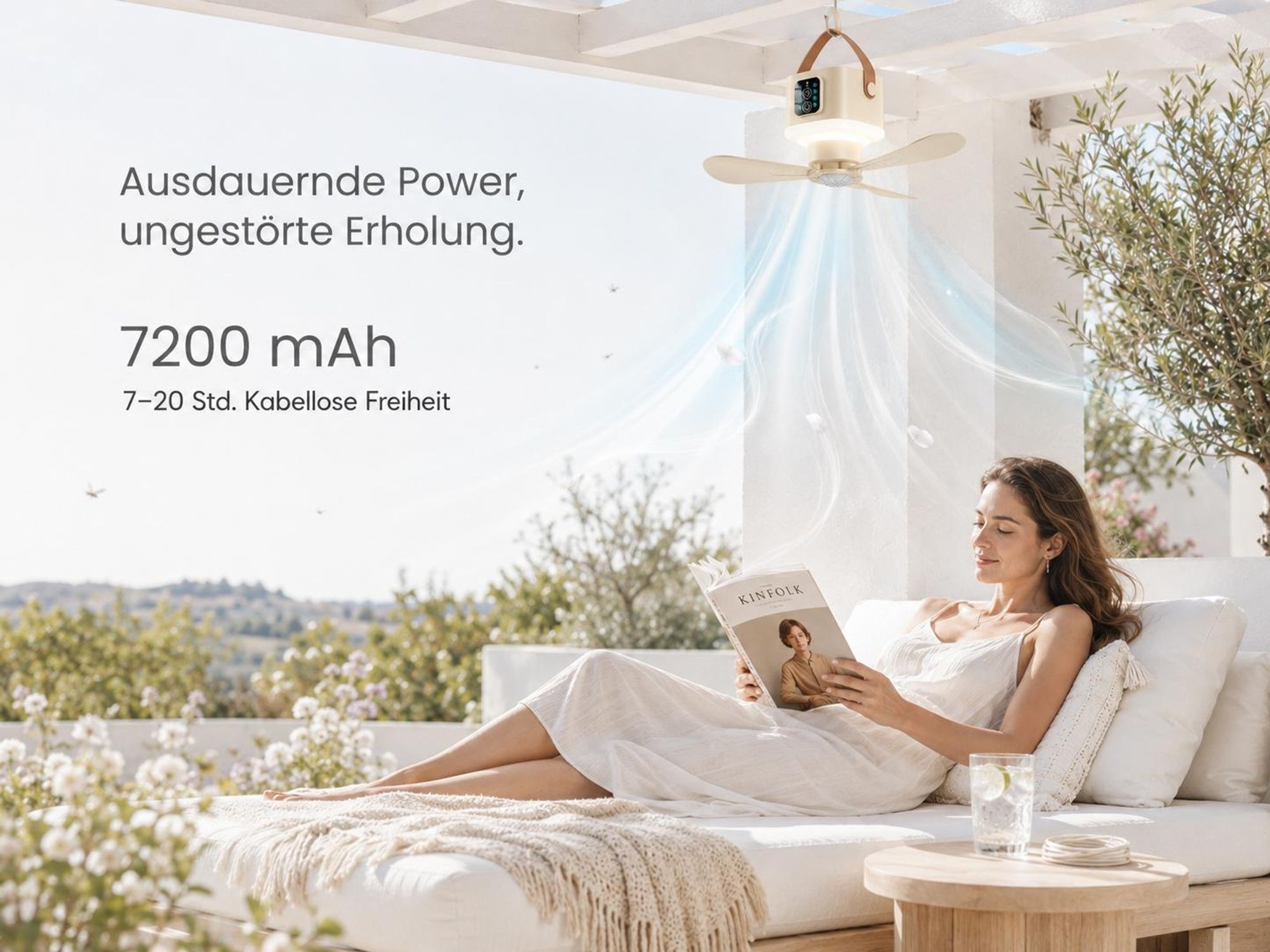 Ø24cm Camping Ventilator mit Licht, Akku 7200mAh, Touch-Stop Sicherheit, USB-C, Fernbedienung & Timer, 3-in-1 Hängeventilator für Zelt Wohnmobil