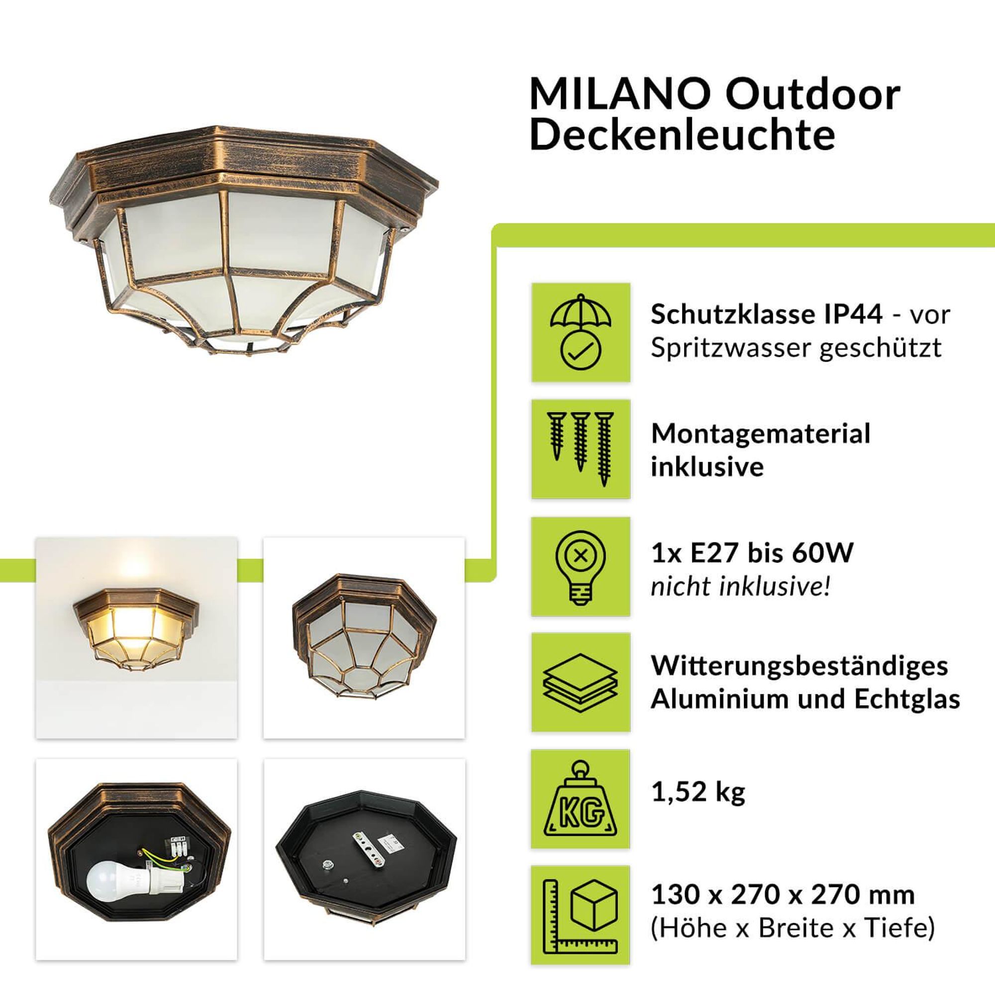 Highlights der MILANO Deckenleuchte in Kupfer Antik