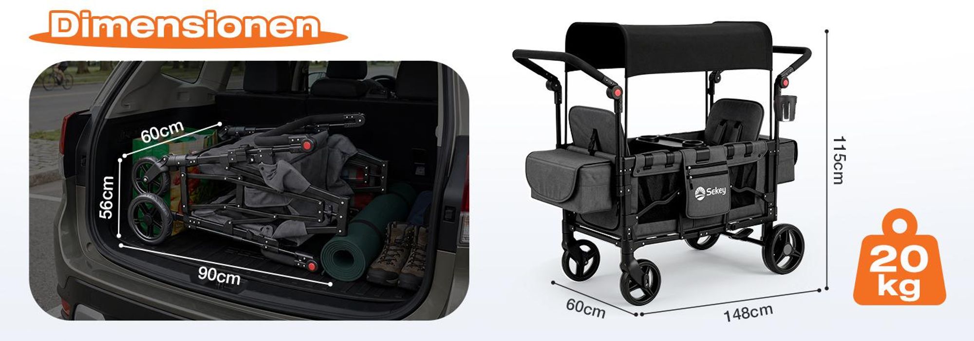 Sekey Bollerwagen Faltbar mit Dach Zwillingsmodus Kinderwagen Doppelsitz mit 2x 5-Punkt-Gurtsystem, Schwarz