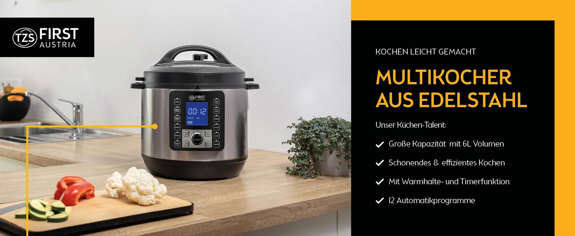 TZS First Austria Multikocher 6L, Schnellkochtopf elektrisch 1000W, 12 Programme, Timer, Edelstahl, Warmhaltefunktion, Dampfgarer, Reiskocher Silber-Schwarz