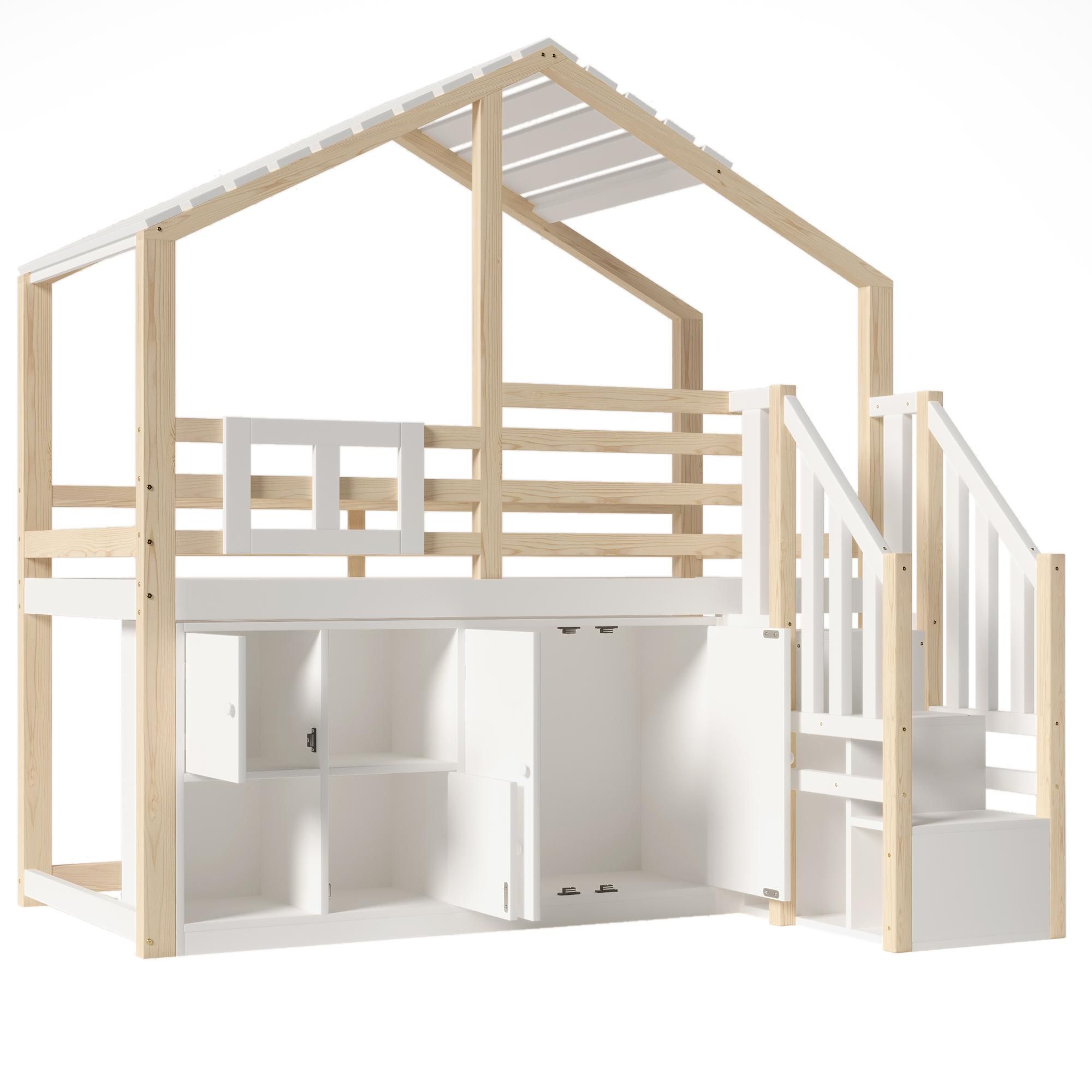 Flieks Etagenbett 90x200cm mit Schließfächer, Kinderbett Hausbett mit Rausfallschutz und Lattenrost, Hochbett Einzelbett mit Treppe, Naturbelassen