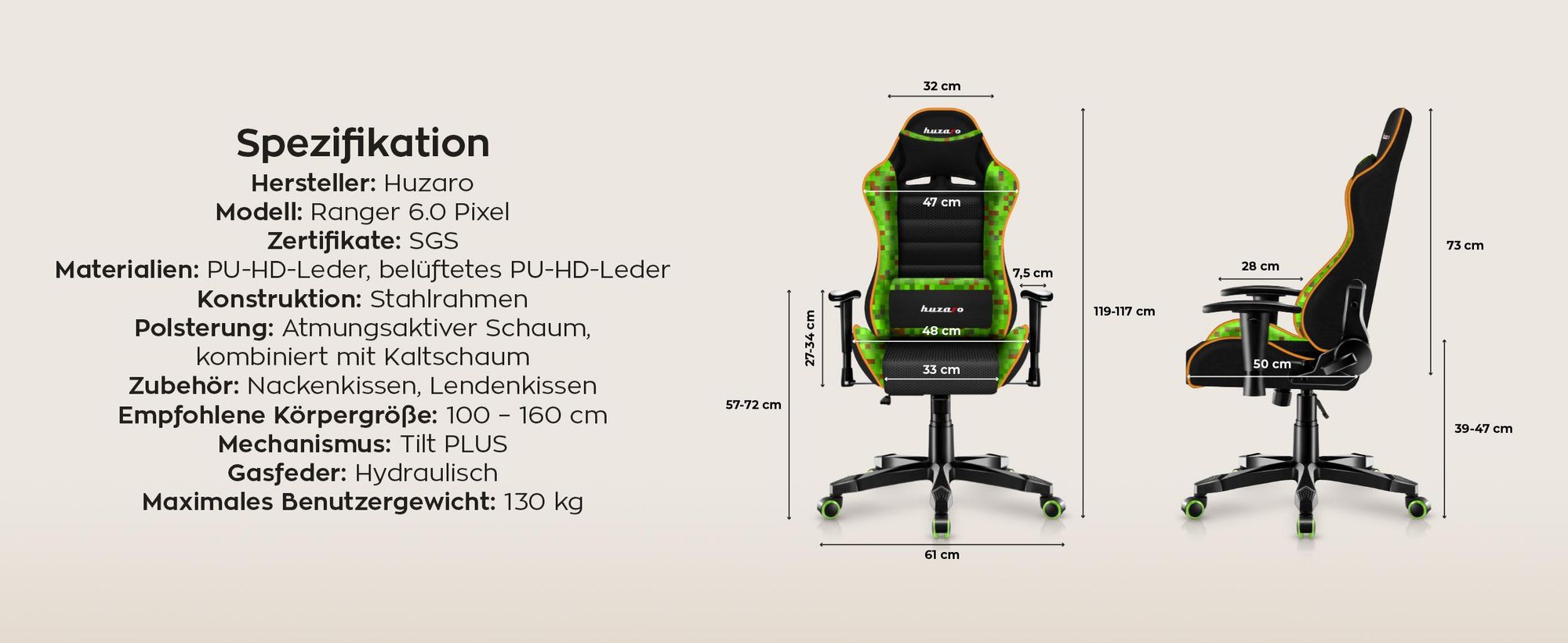 Huzaro Kinder Schreibtischstuhl Ranger 6.0 Gaming Stuhl Racing Sessel Bürostuhl Drehstuhl Gamer bis 130 kg mesh Pixel