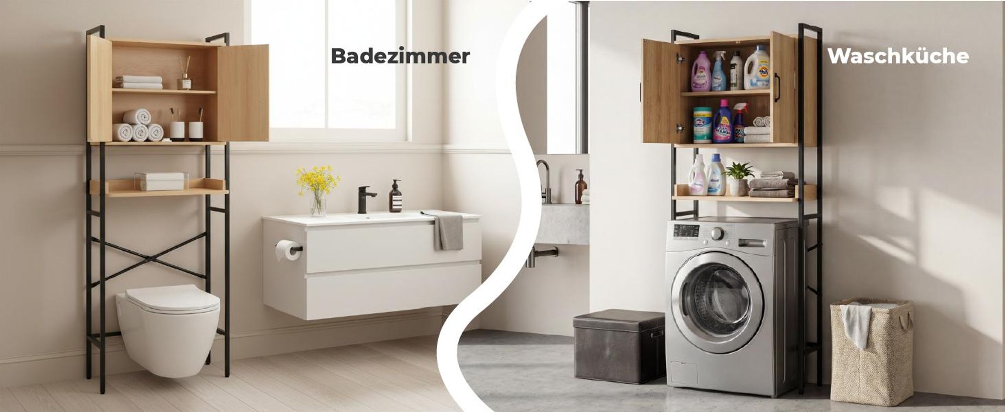 FCH Waschmaschinenschrank, Toilettenregal mit Schrank Verstellbarer Ablage, Toilettenschrank aus Holzwerkstoff Metall, 64,5 x 30 x 171 cm