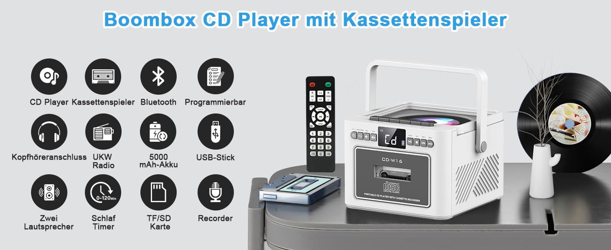 CD Player, Bluetooth Lautsprecher, Kassettenspieler mit UKW Radio, 5000mAh wiederaufladbare Akku, mit Fernbedienung, AUX/USB/SD Karte-In
