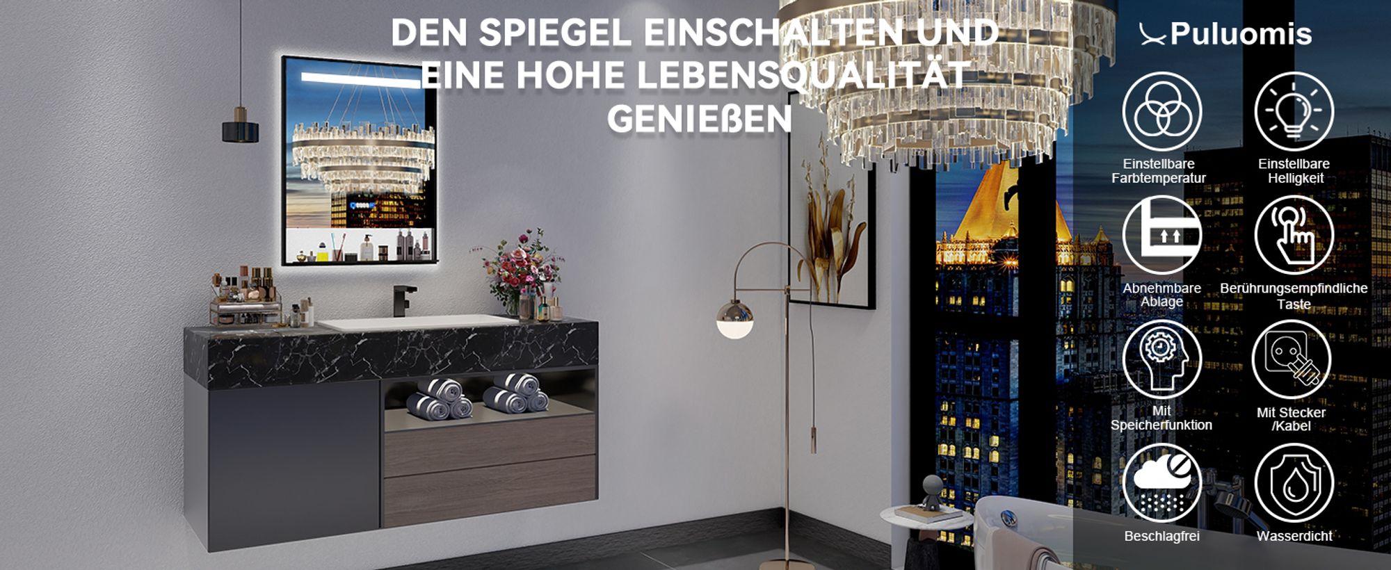 Puluomis Badspiegel Badezimmerspiegel mit LED Beleuchtung 60x80cm Antibeschlag 3 Lichtfarben dimmbar abnehmbare Ablage und Speicherfunktion