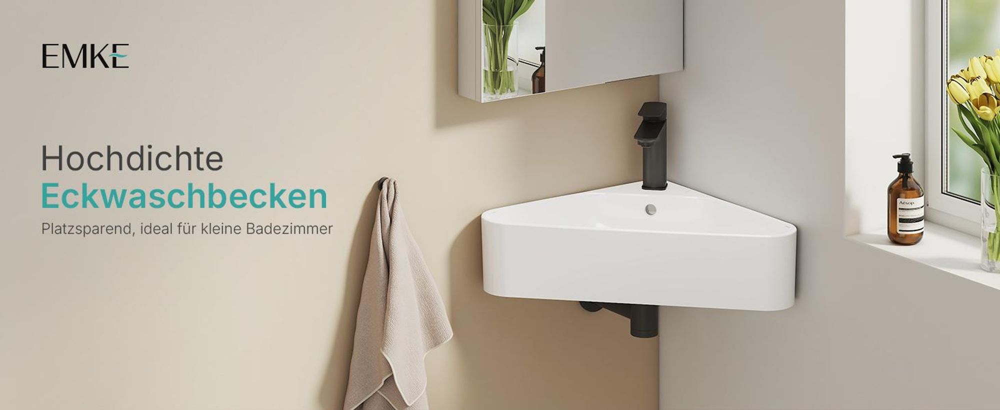EMKE Eckwaschbecken Wandmontage Keramik 560x340mm Weiß Glänzend Dreieckig Wandwaschbecken mit Überlauf & Armaturloch für Gäste-WC & kleine Badezimmer