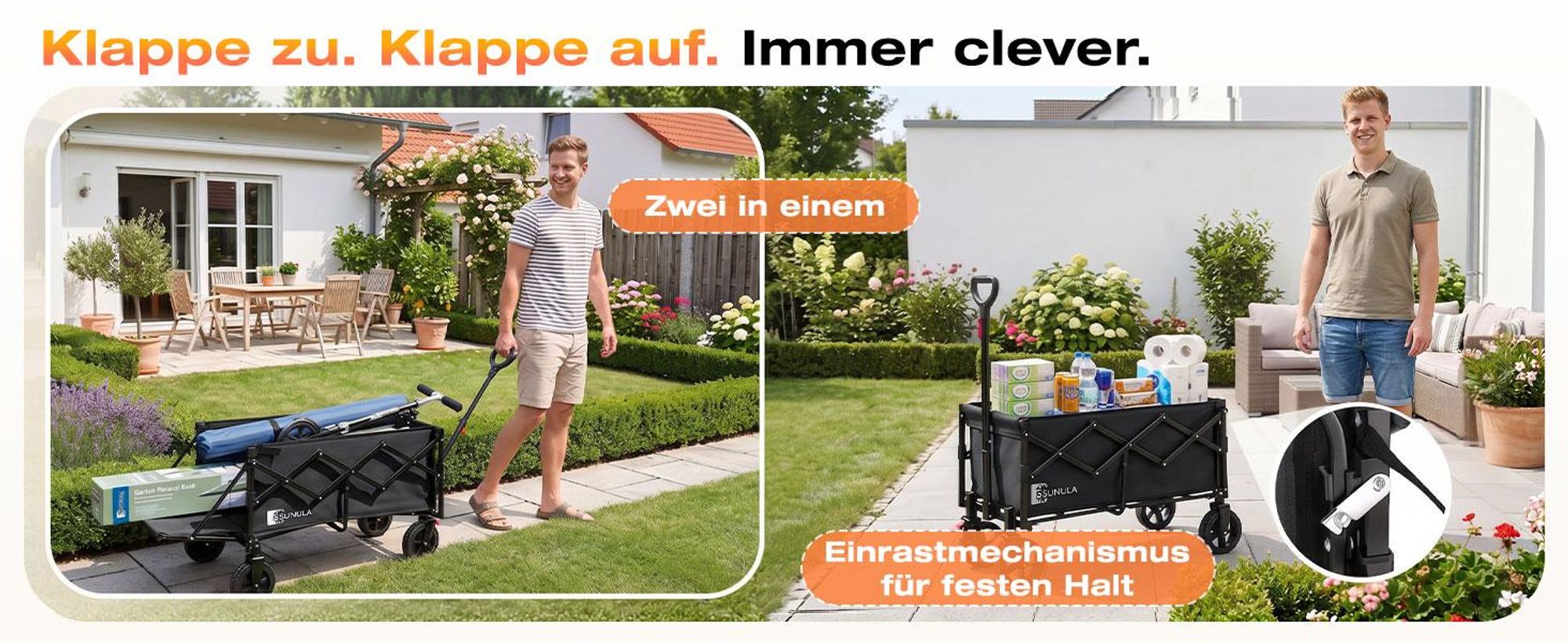 SUNULA Bollerwagen Faltbar mit Erweiterbarer Heckklappe – 80L & 115L Hunde Transportwagen, Schwarz