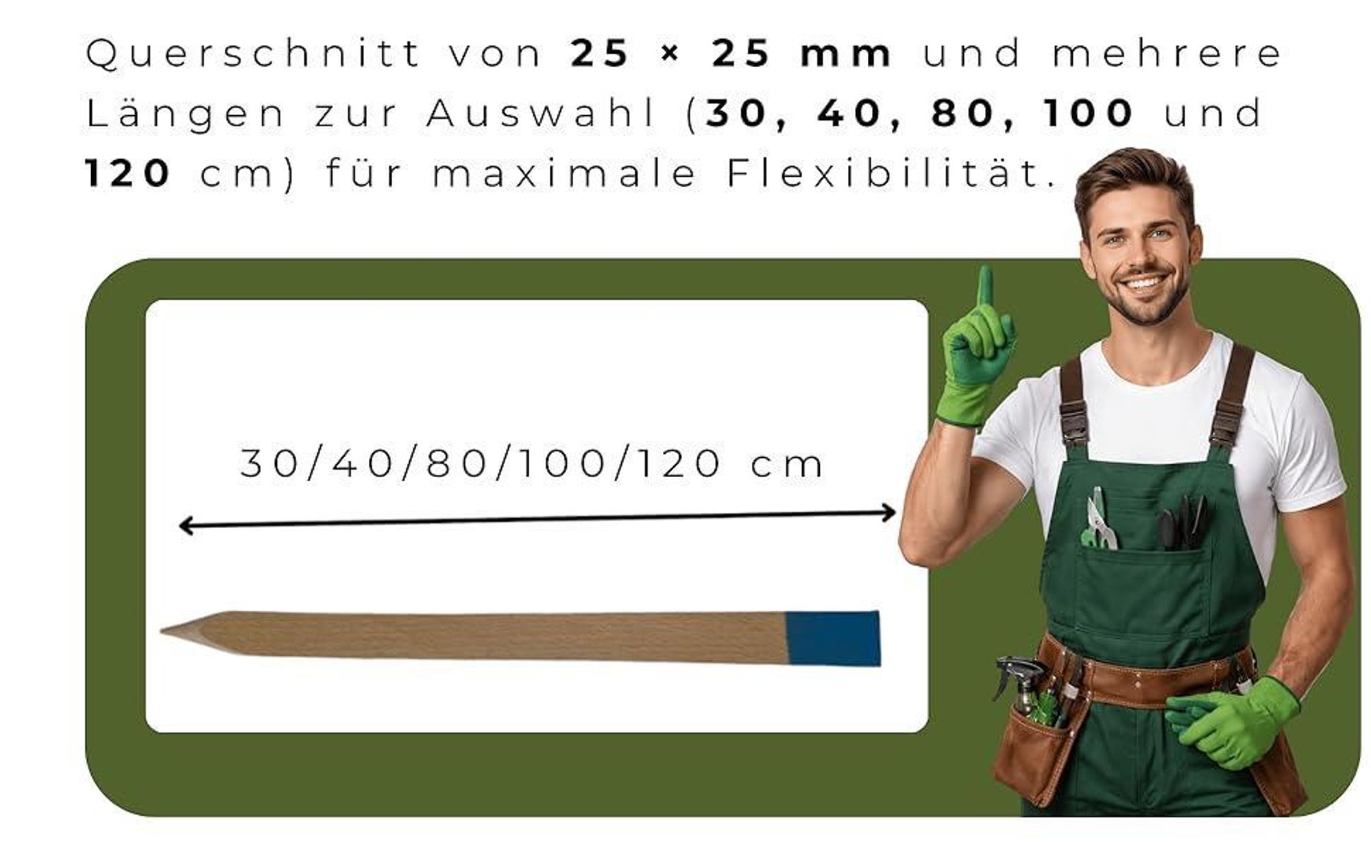 50 Stück Holzpfähle Buche 25x25 mm Länge 120 cm Blau Spitze Markierungspfosten Pflanzstäbe Zaunpfosten