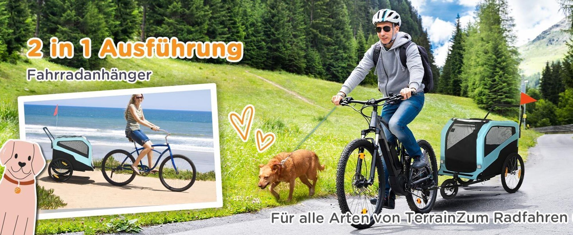 PawHut 2-in-1 Hundeanhänger Fahrradanhänger für Hunde Hundewagen mit Reflektoren