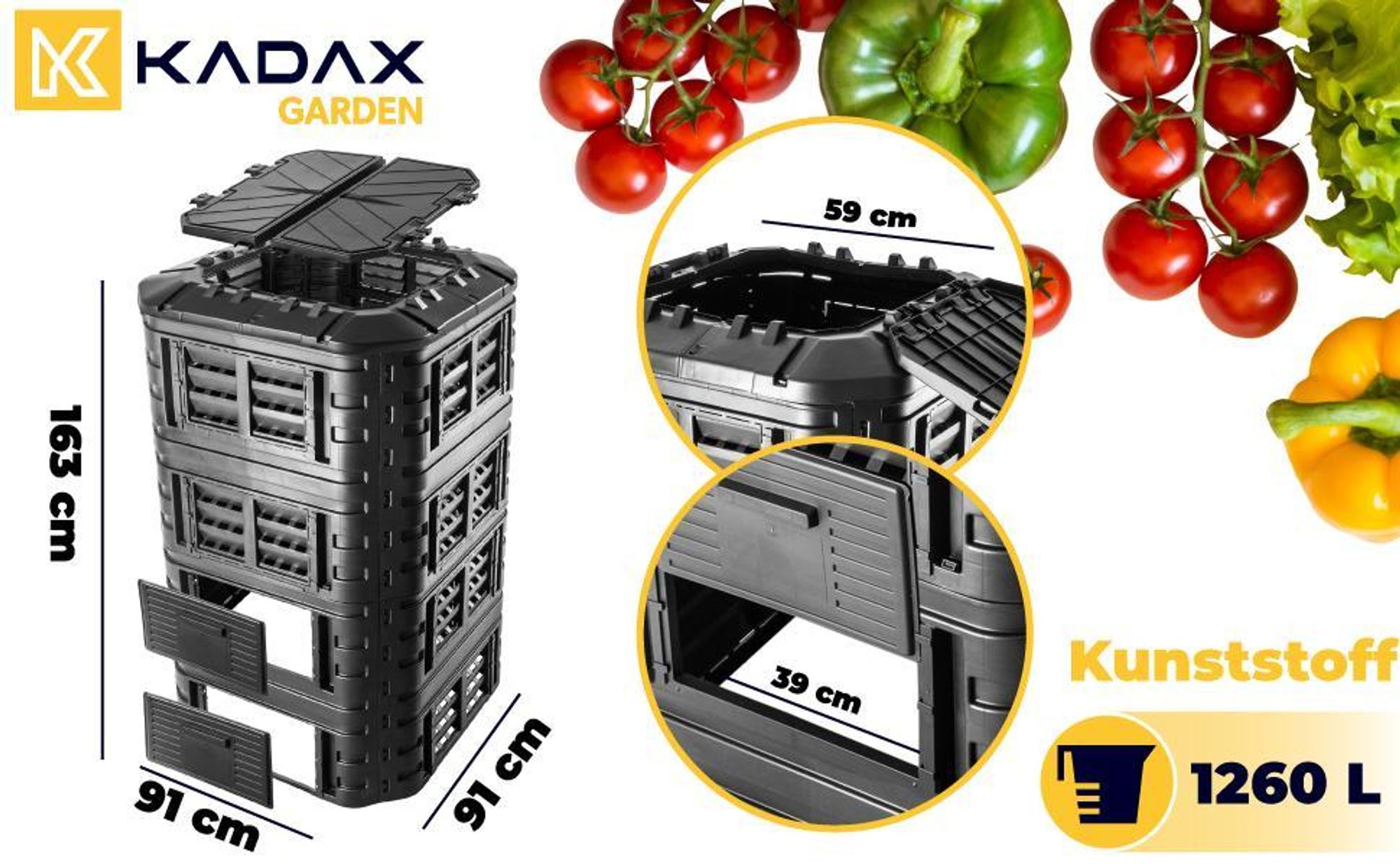 KADAX Modul-Kompostanlage, Schnellkomposter aus Kunststoff, Komposter mit Druckknöpfen, schwarzer Thermokomposter mit klappbarem Deckel (1260L)