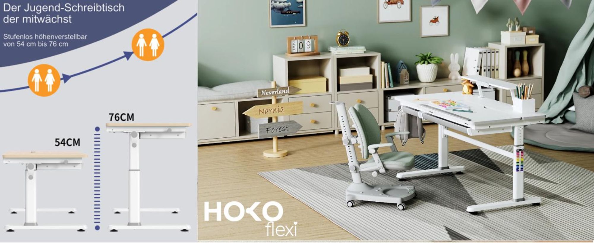 HOKO®  Kinderschreibtisch höhenverstellbar, Weiß Schreibtisch Kinder mit Schreibtischaufsatz mit Neigung Einstellbarer Tischplatte und Butler mit Buch