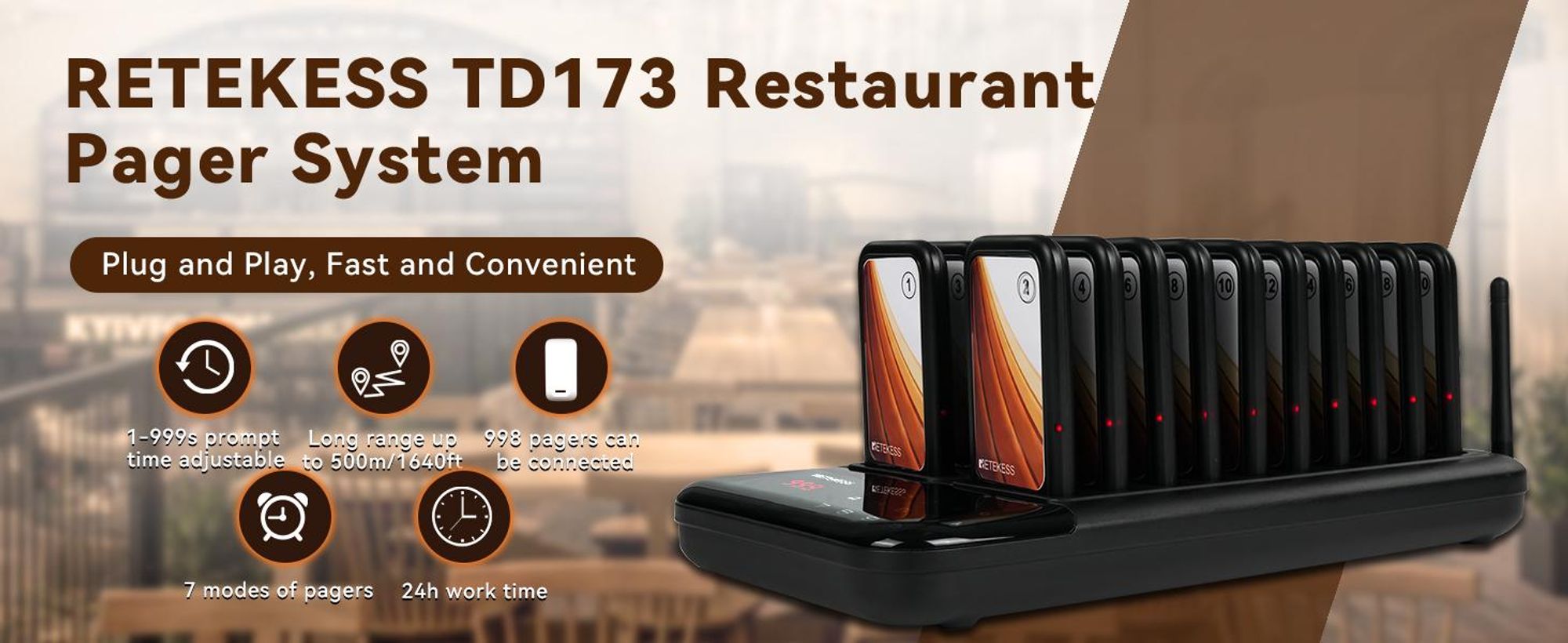 Retekess TD173 Bezdrátový vyvolávací systém,dosah 500 m,7 režimů volání,20 pagerový s tlačítkem pro tiché volání,volání pro restaurace, bary, hřiště