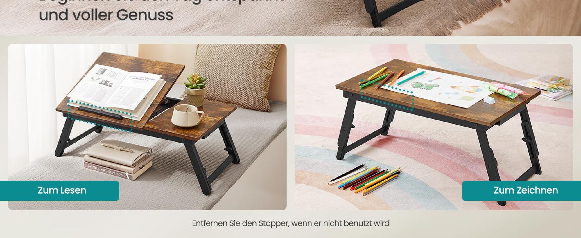SONGMICS Laptoptisch, Laptopständer, Frühstückstablett, klappbare Beine, für Bett und Sofa, höhenverstellbar, für bis zu 15,6 Zoll Laptops, 55 x 35 x 23 cm, vintagebraun LLD105B01